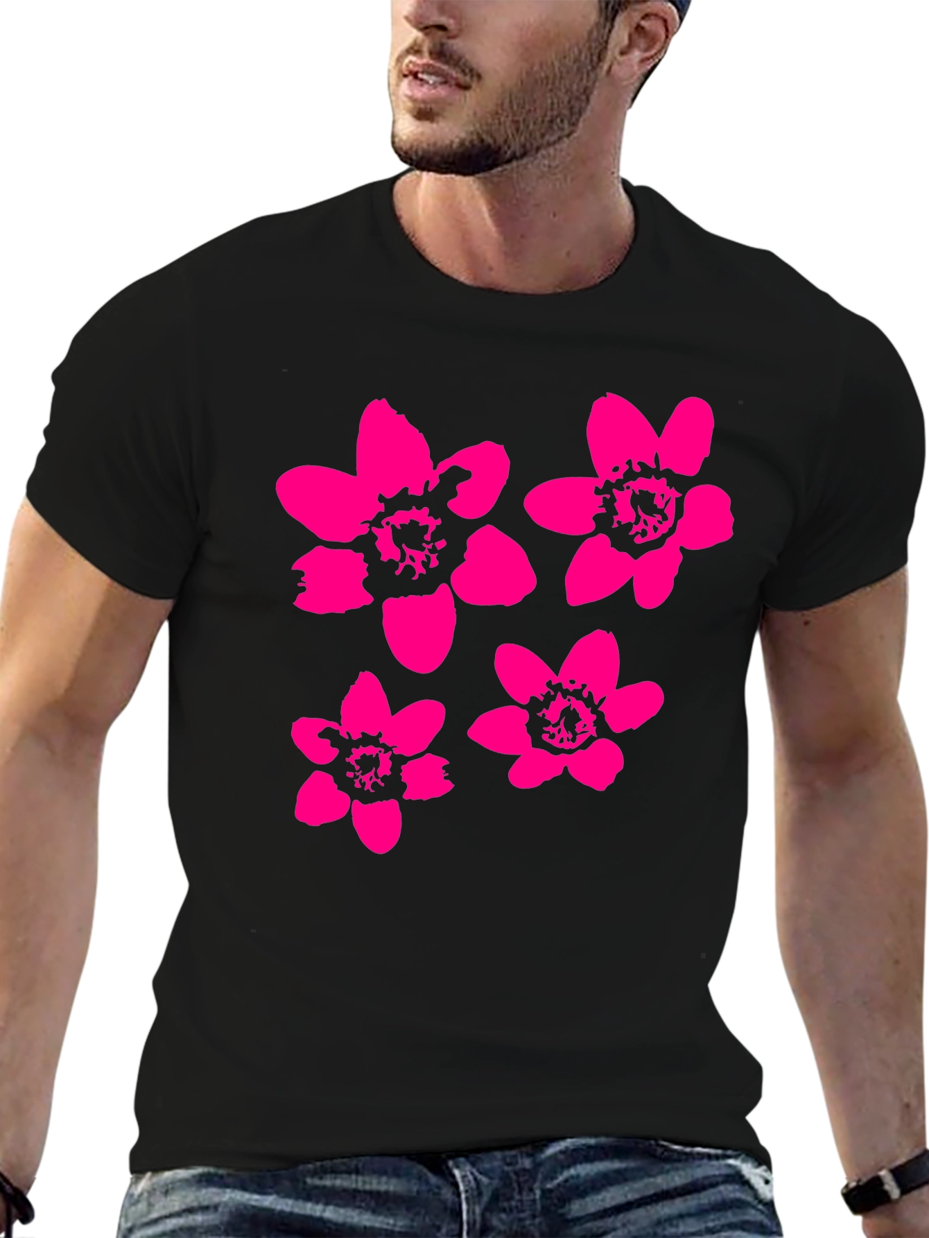 Black Black T-Shirt with Pink Flower Print view 6