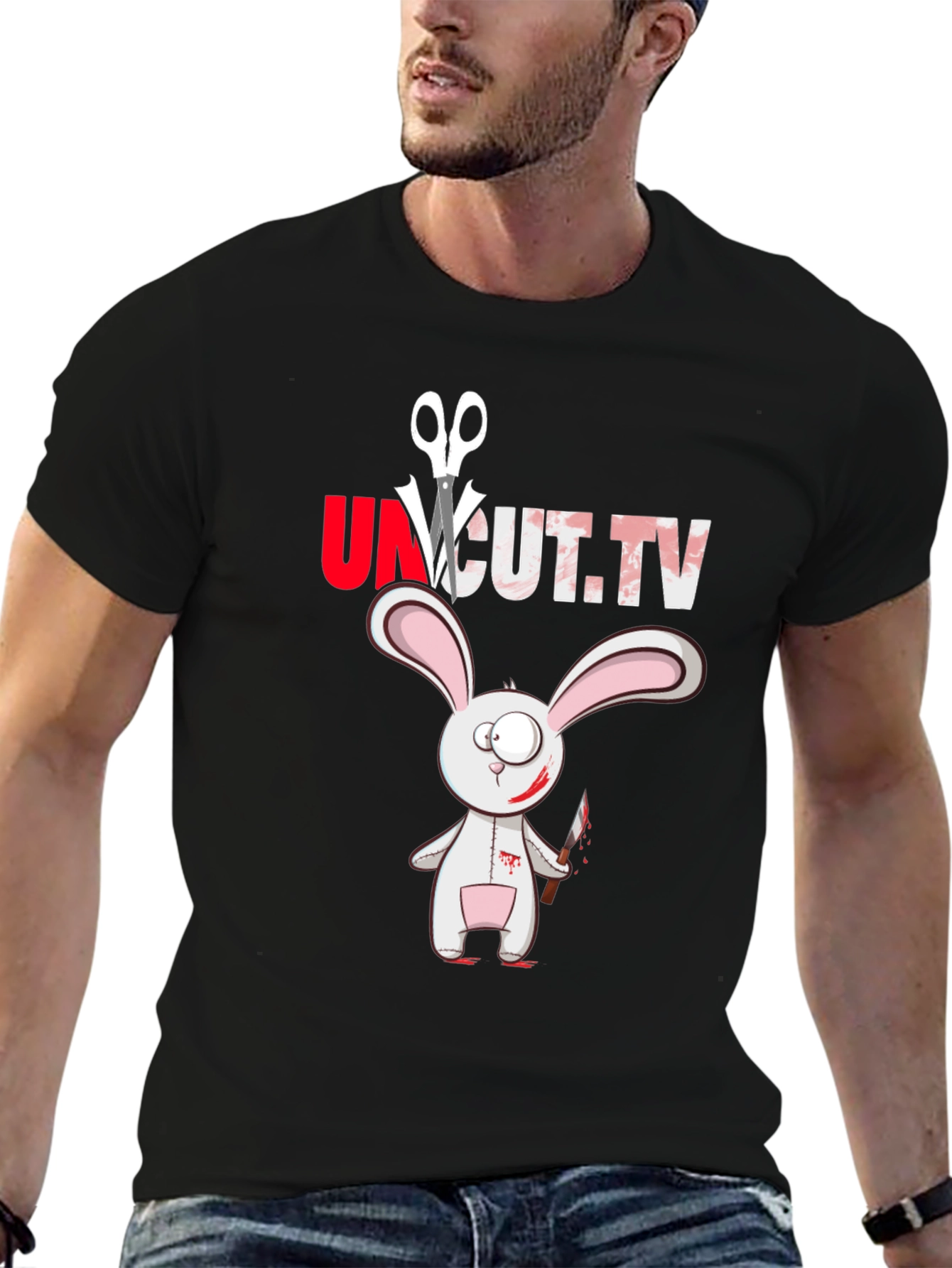Black Uncut.tv Scary Rabbit T-Shirt view 6