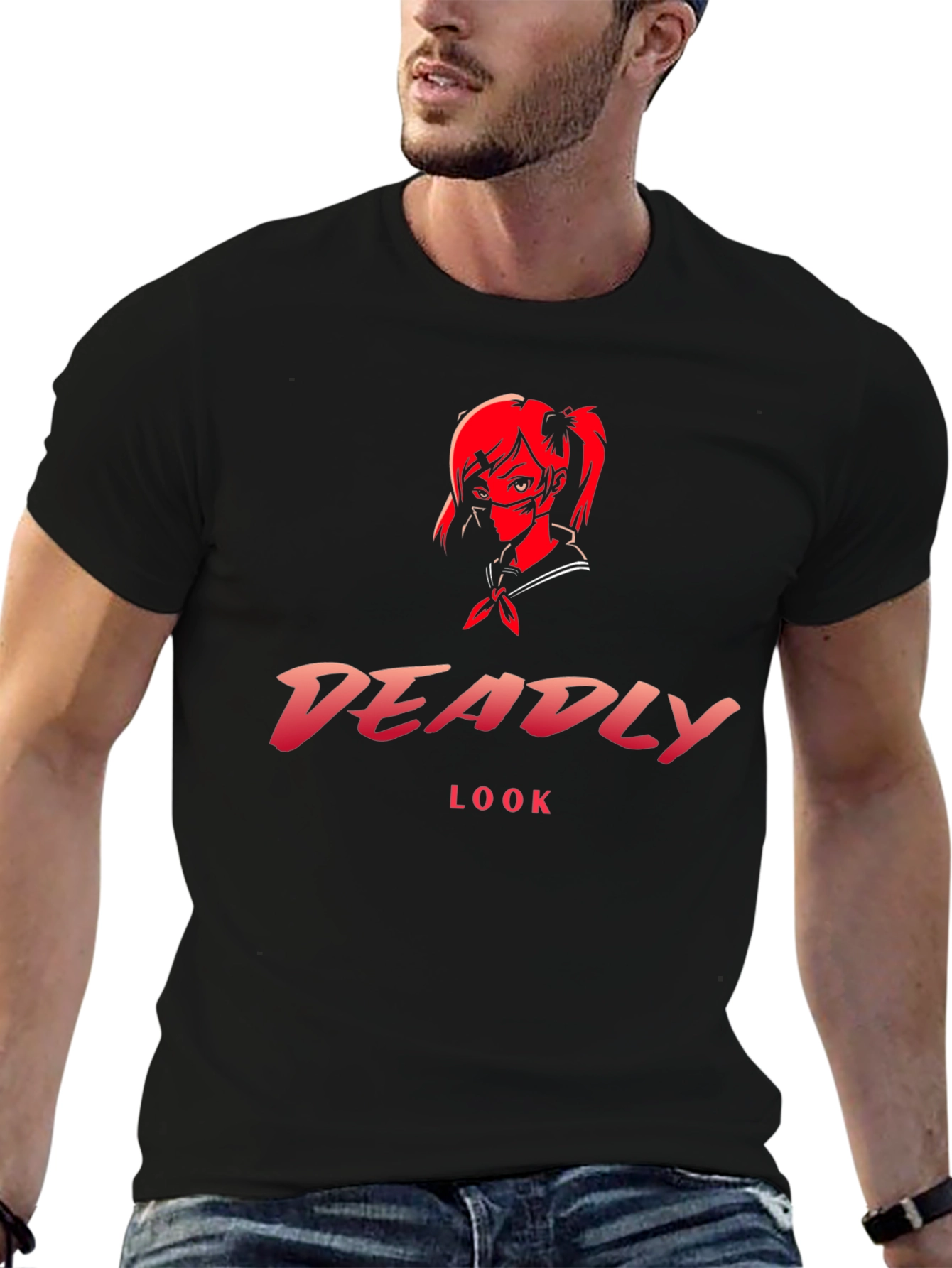 Black Deadly Look Graphic Tee - Anime Style T-Shirt view 6