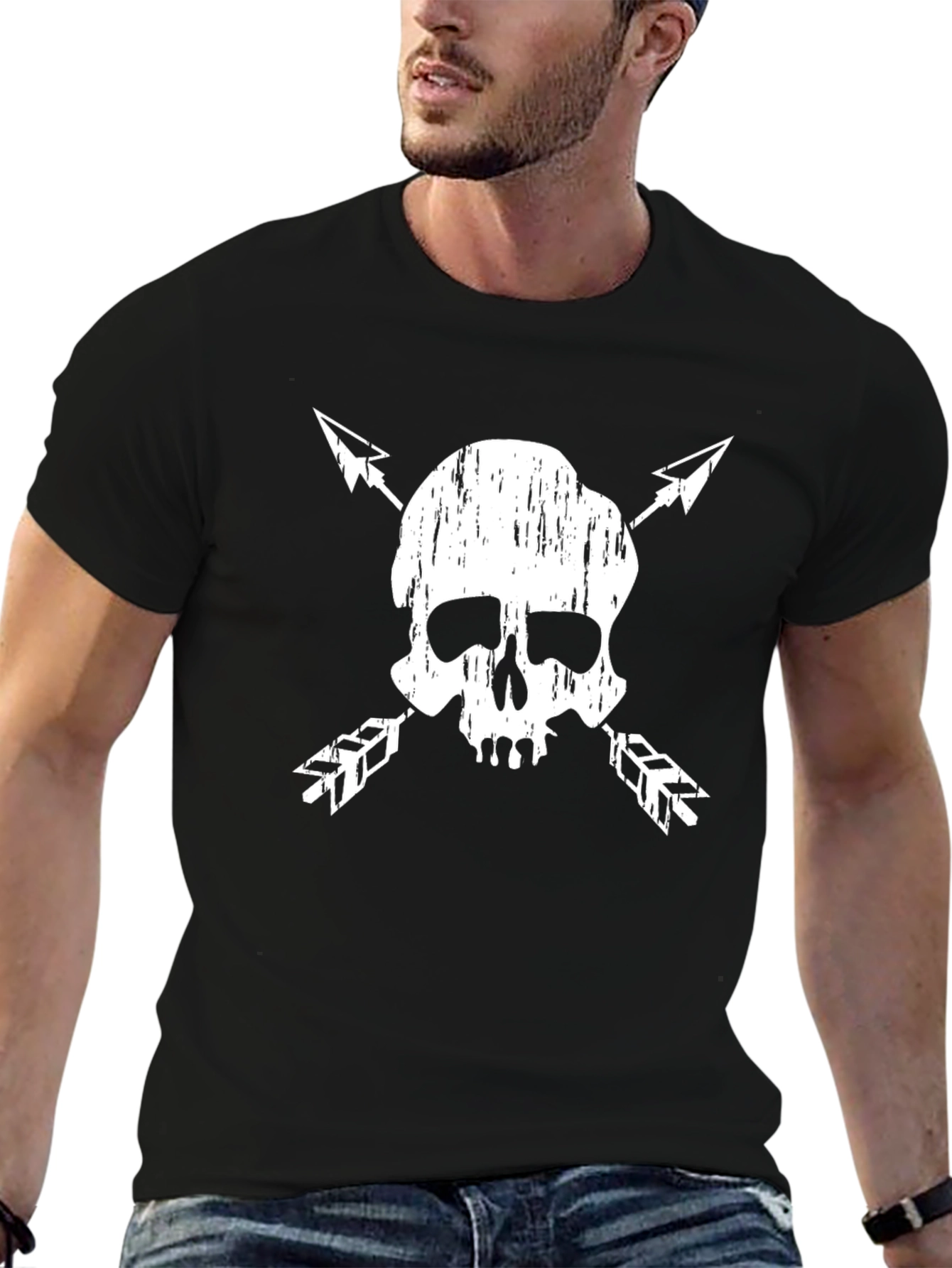Black Skull & Arrow Graphic Tee - Black Cotton Blend view 6