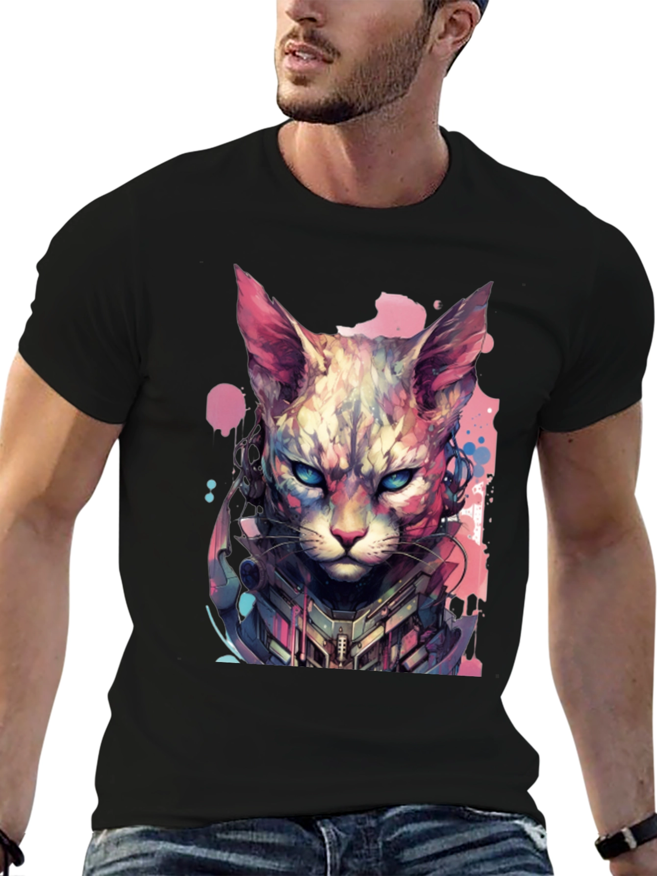 Black Cyberpunk Cat T-Shirt - Unique Graphic Tee view 6
