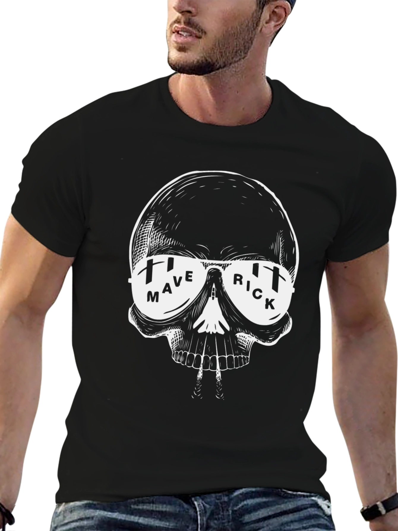 Black Maverick Skull Graphic Tee - Stylish Men's Black T-Shirt view 6