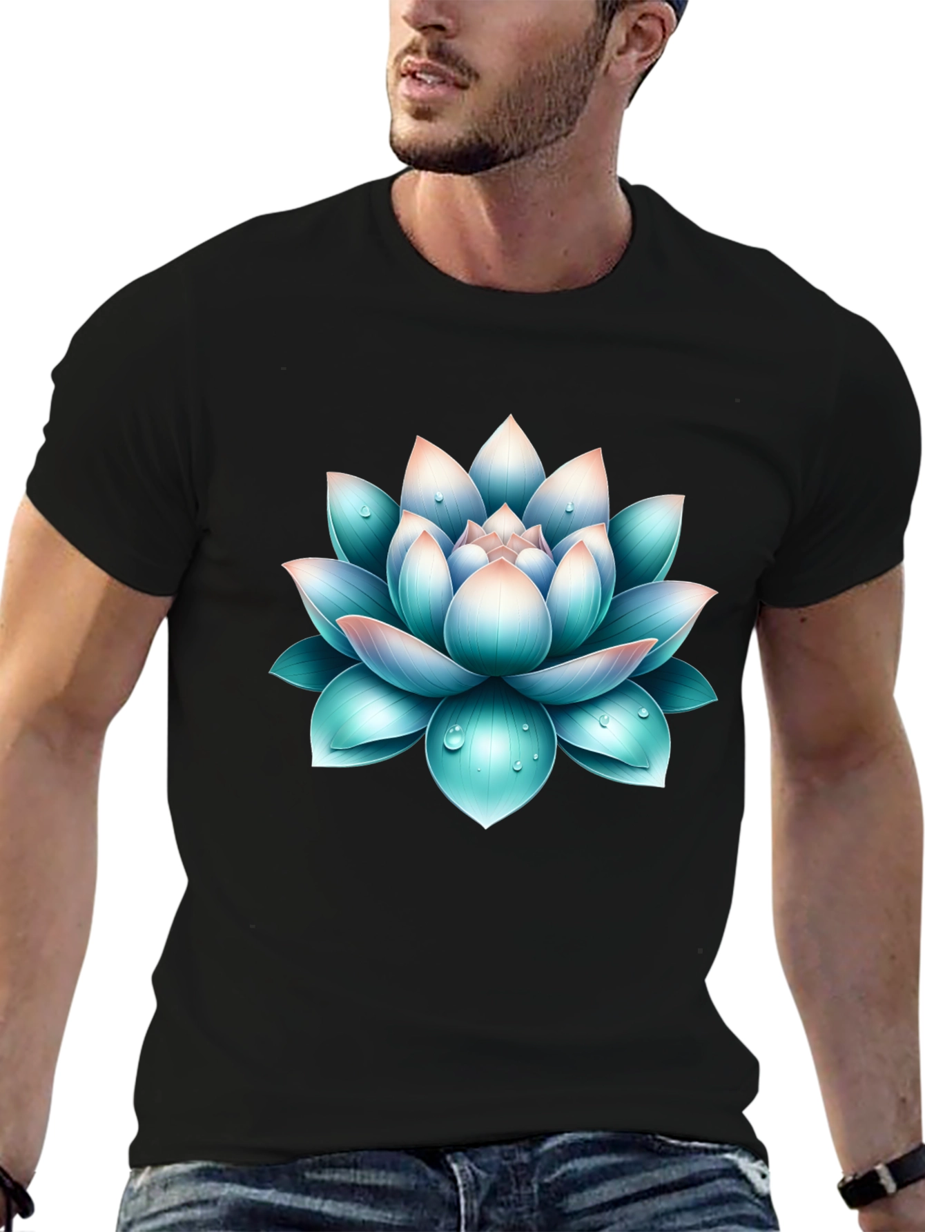Black Lotus Flower Graphic Print Black T-Shirt view 6