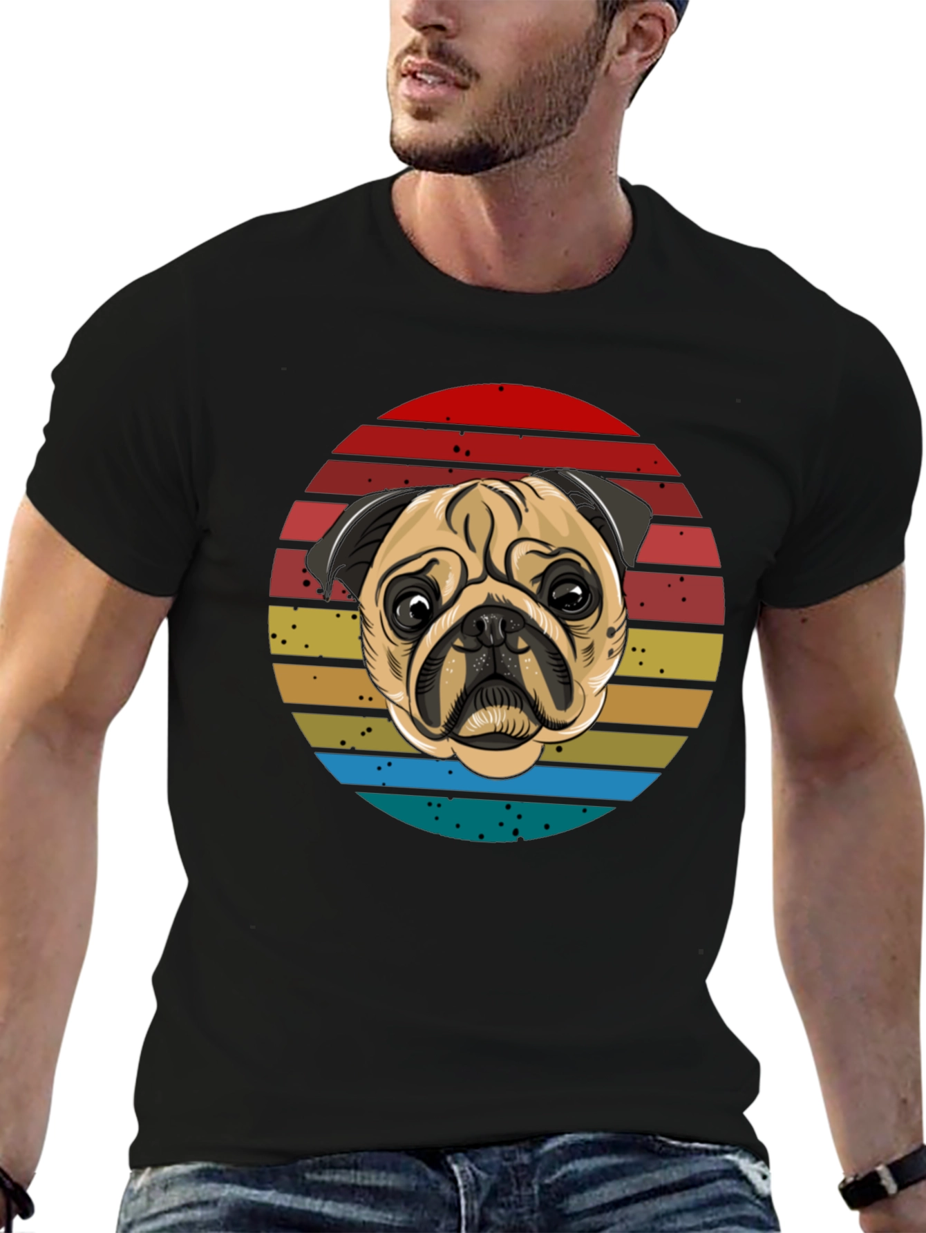Black Pug Retro T-Shirt, Black Cotton Tee view 6