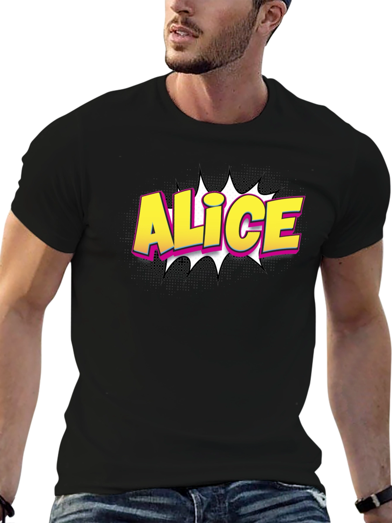 Black Alice Comic Style Graphic T-Shirt view 6