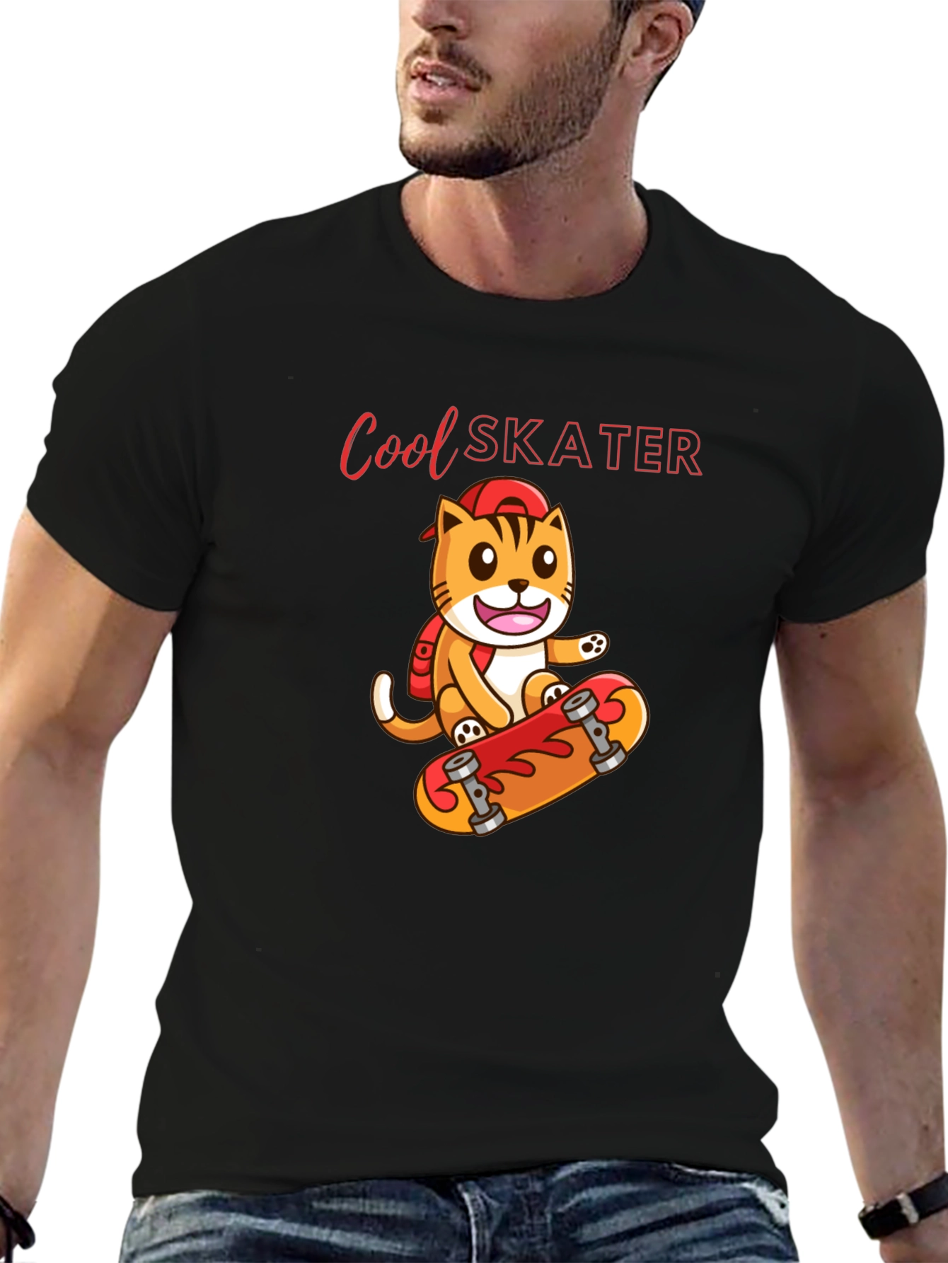 Black Cool Skater Cat Graphic Tee - Black Cotton T-Shirt view 6