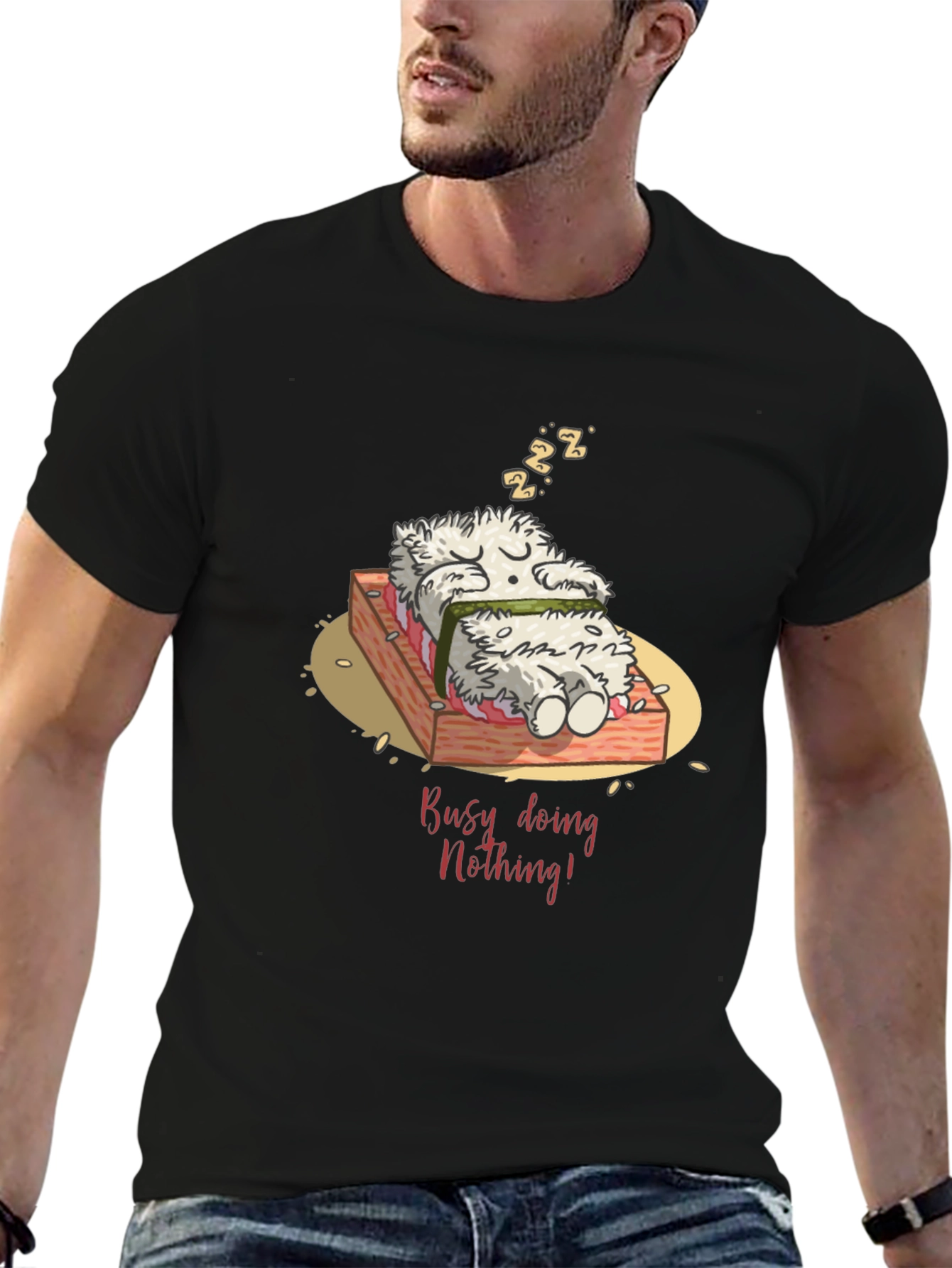 Black Funny "Busy Doing Nothing" Sushi Sleeping T-Shirt view 6