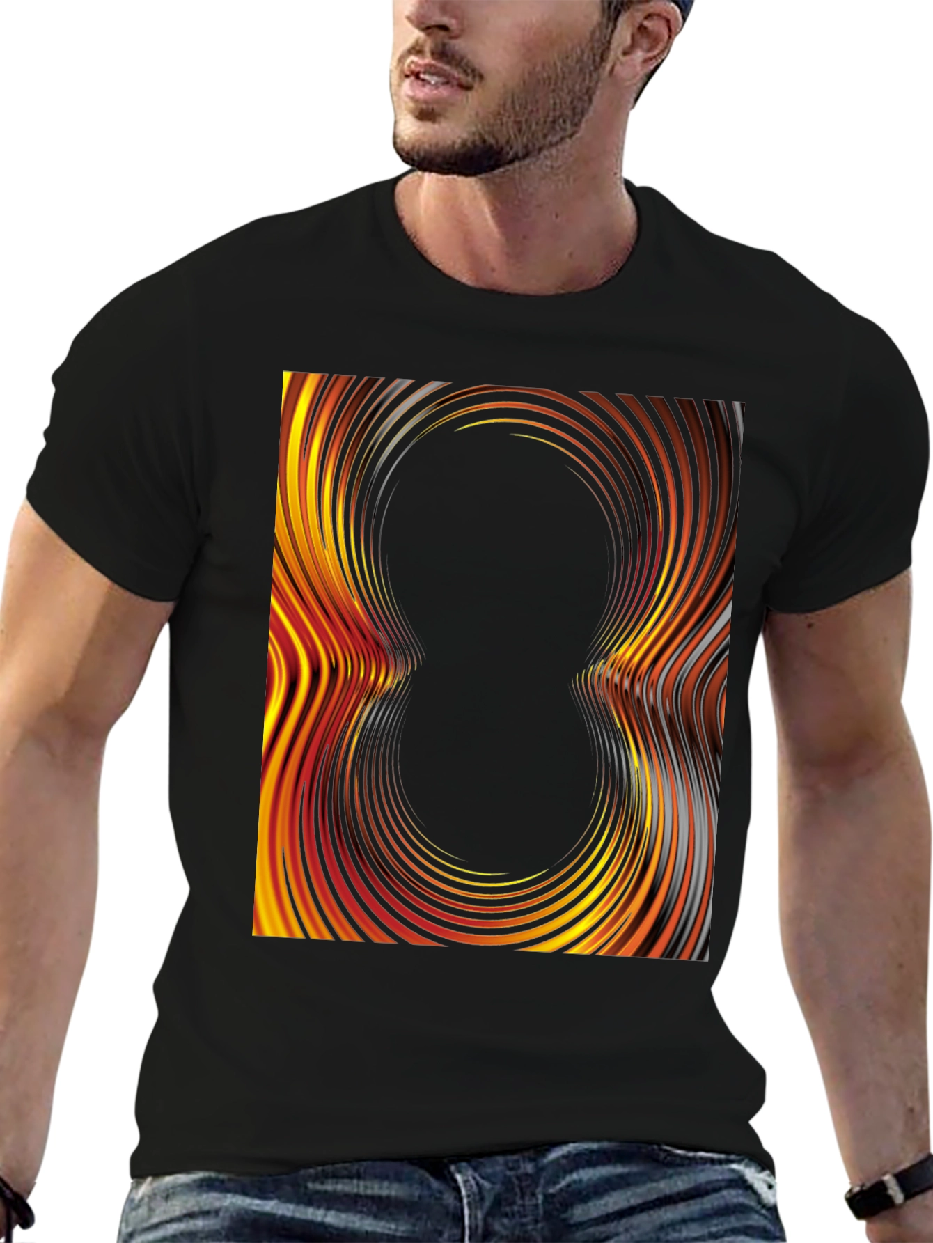 Black Abstract Swirl Graphic Tee - Black Cotton T-Shirt view 6