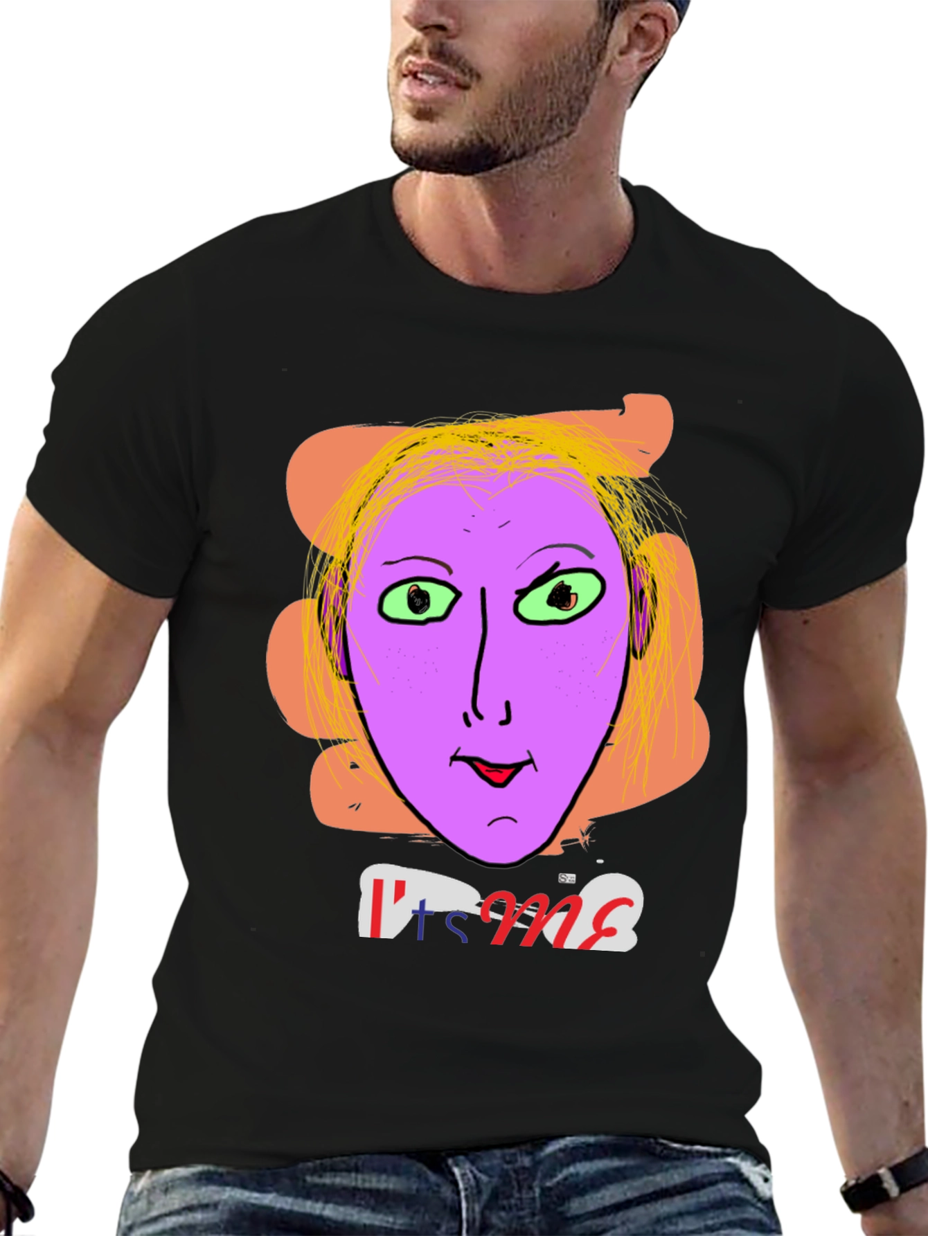 Black Unique Graphic Tee - "It's Me" Funny Purple Face view 6