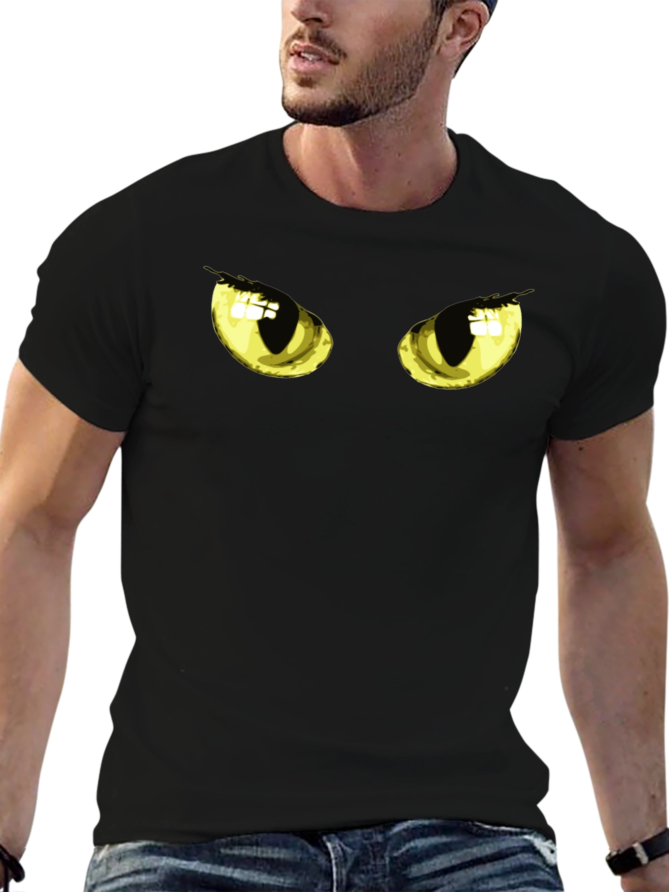 Black Men's Black T-Shirt with Cat Eyes Graphic view 6