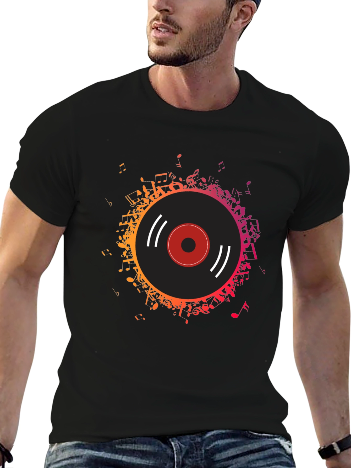 Black Vinyl Record Music Notes Graphic Tee view 6