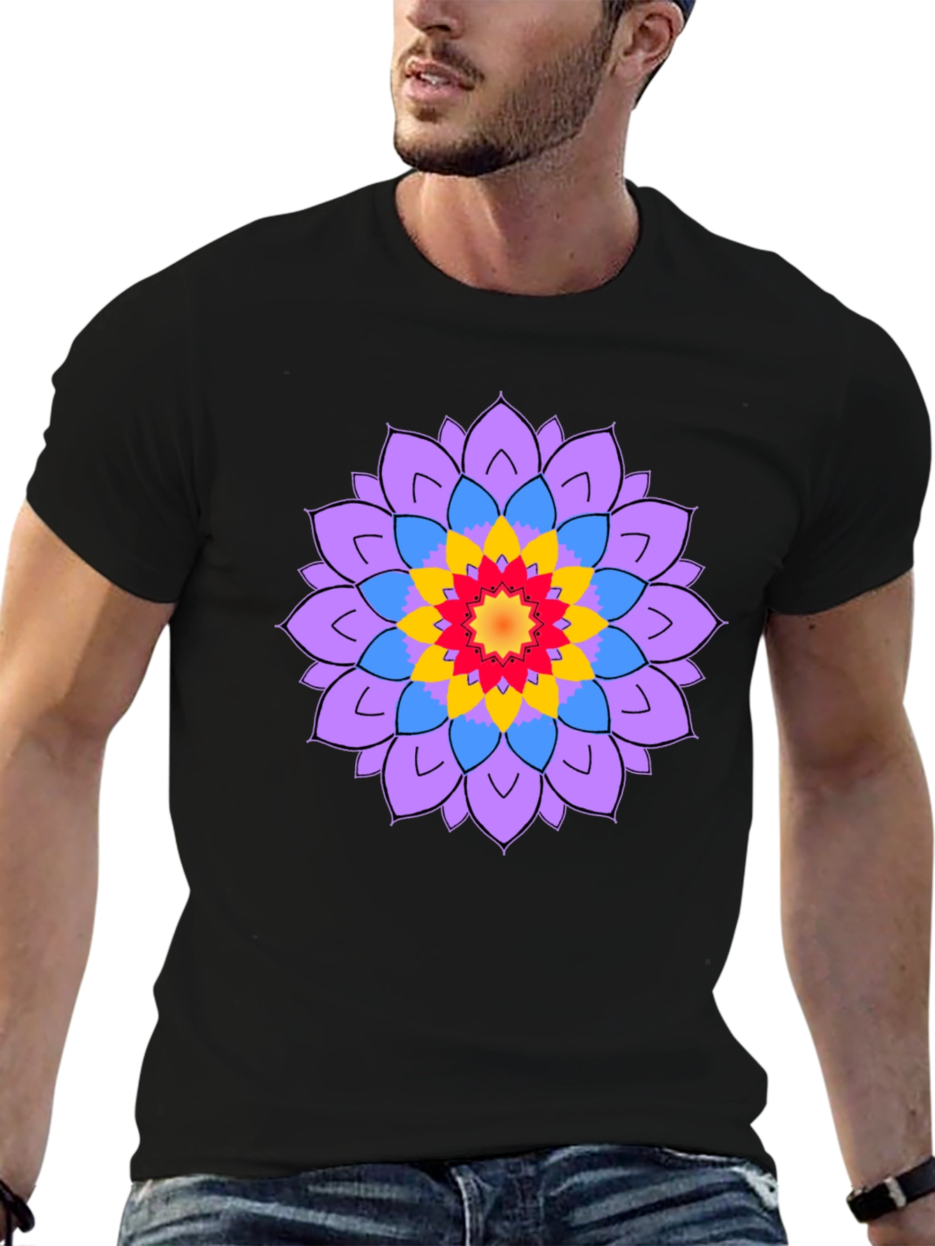 Black Men's Black T-Shirt with Mandala Flower Design view 6