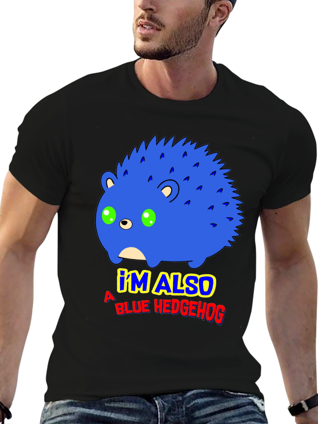 Black Blue Hedgehog Graphic T-Shirt - Funny Cartoon Tee view 6