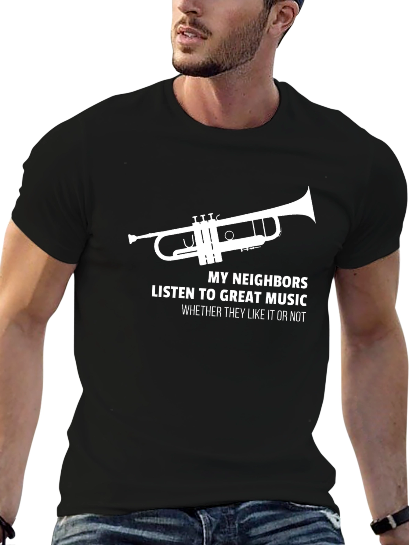 Black Funny Music Lover T-Shirt: My Neighbors Listen Trumpet Tee view 6