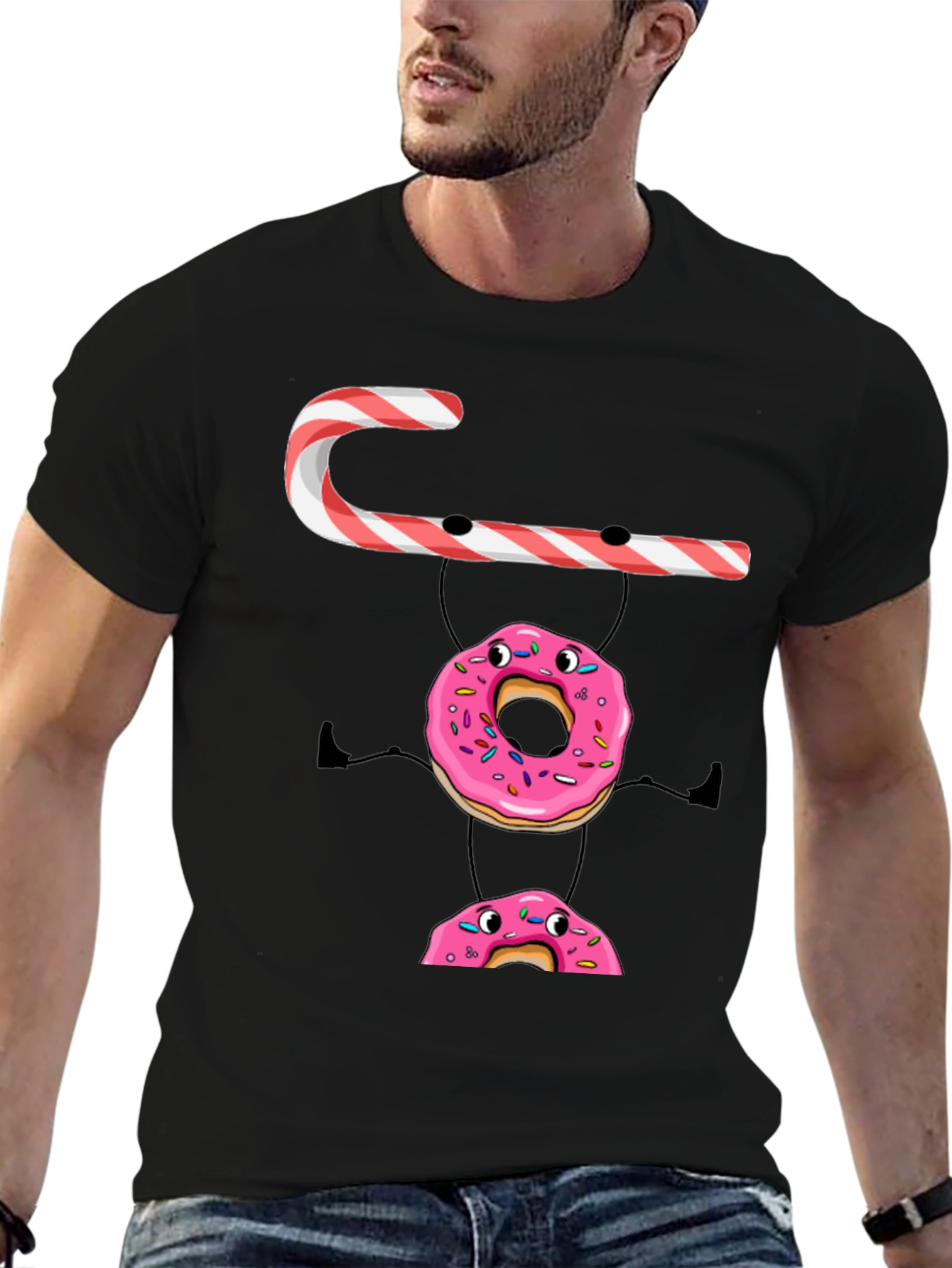 Black Candy Cane Donut Stack T-Shirt view 6