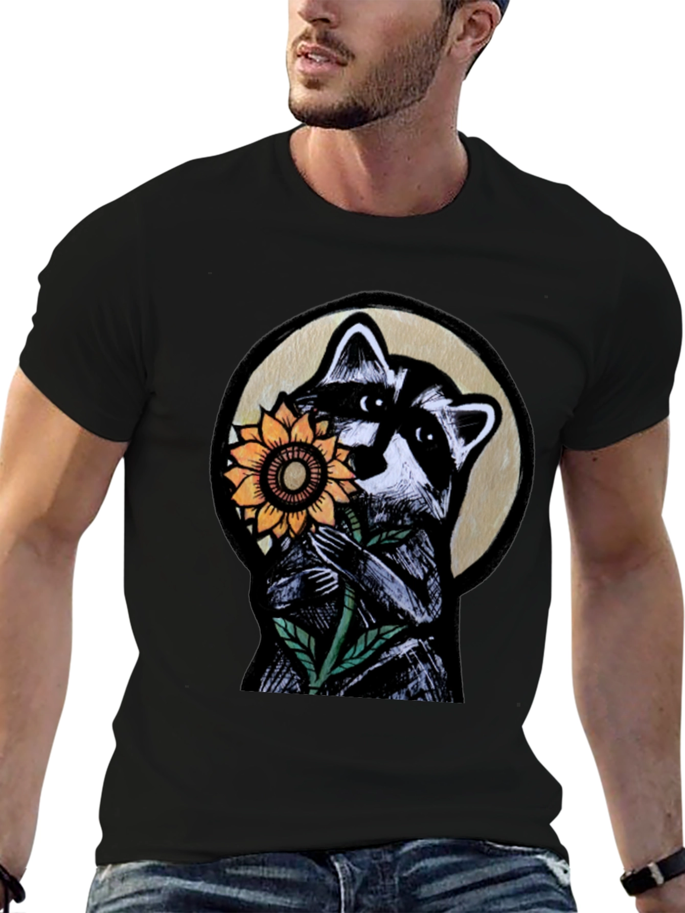 Black Raccoon Sunflower Graphic Tee - Black view 6