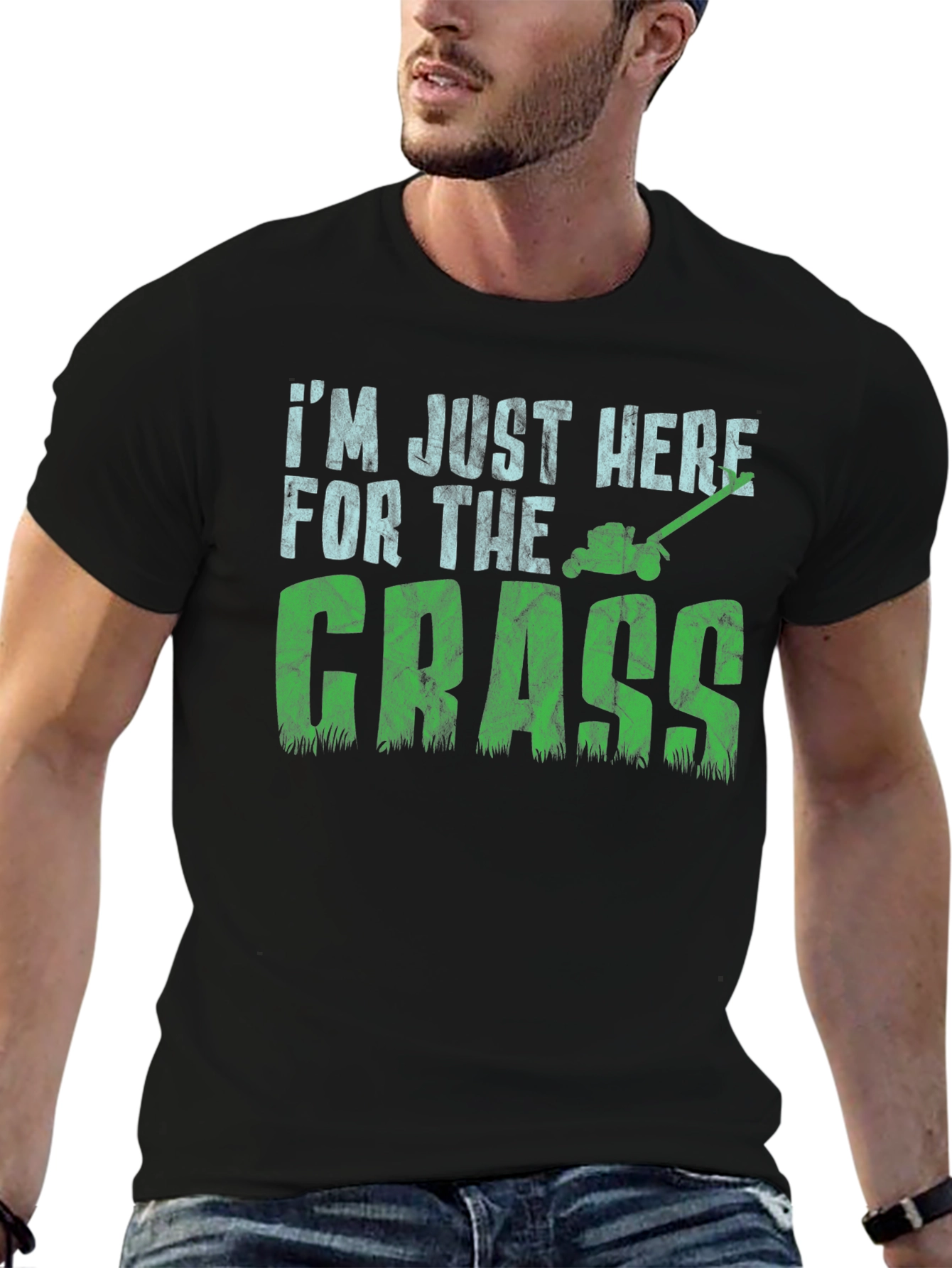 Black I'm Just Here for The Grass T-Shirt - Lawn Care Humor view 6
