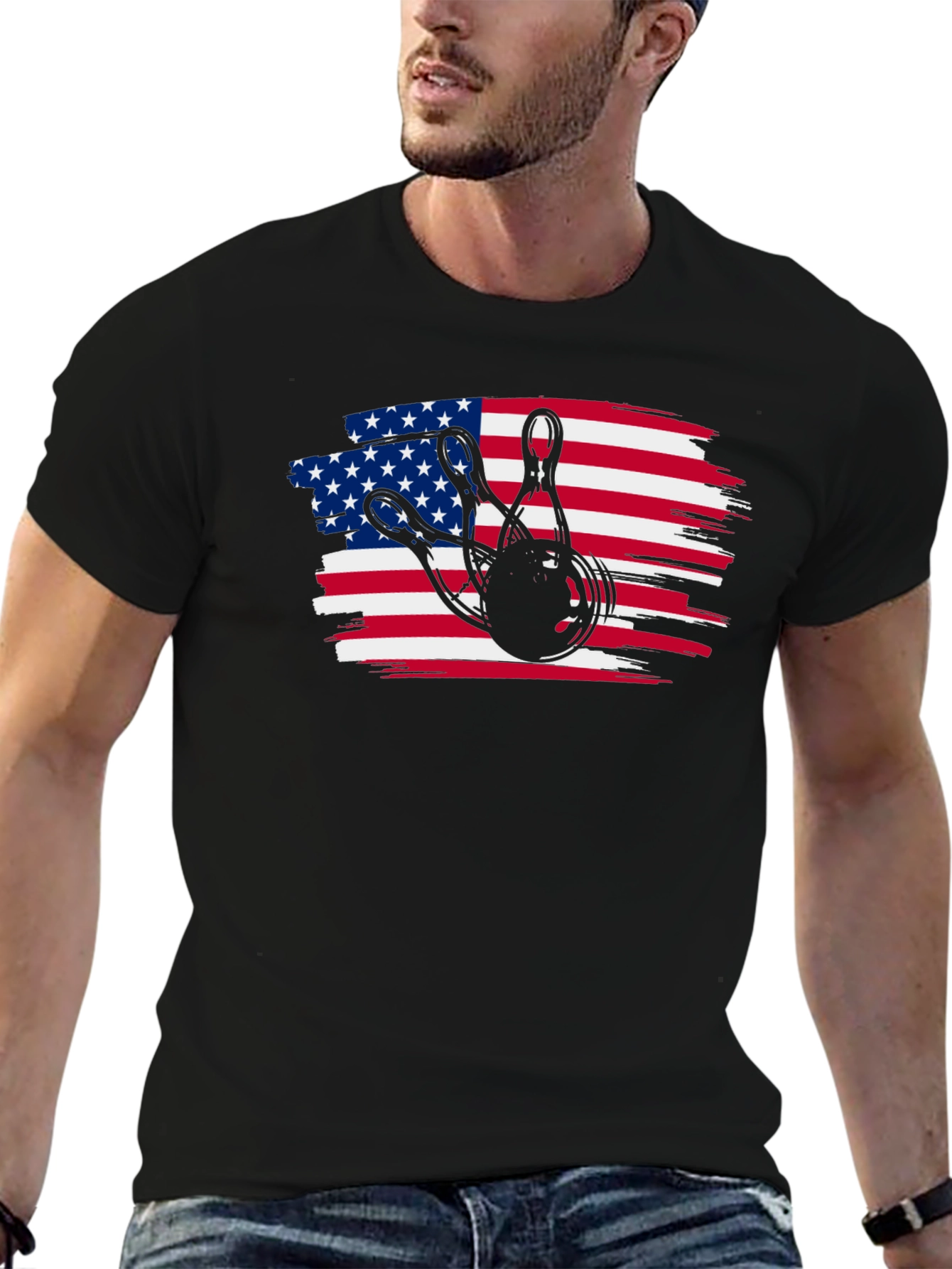 Black American Flag Bowling T-Shirt view 6