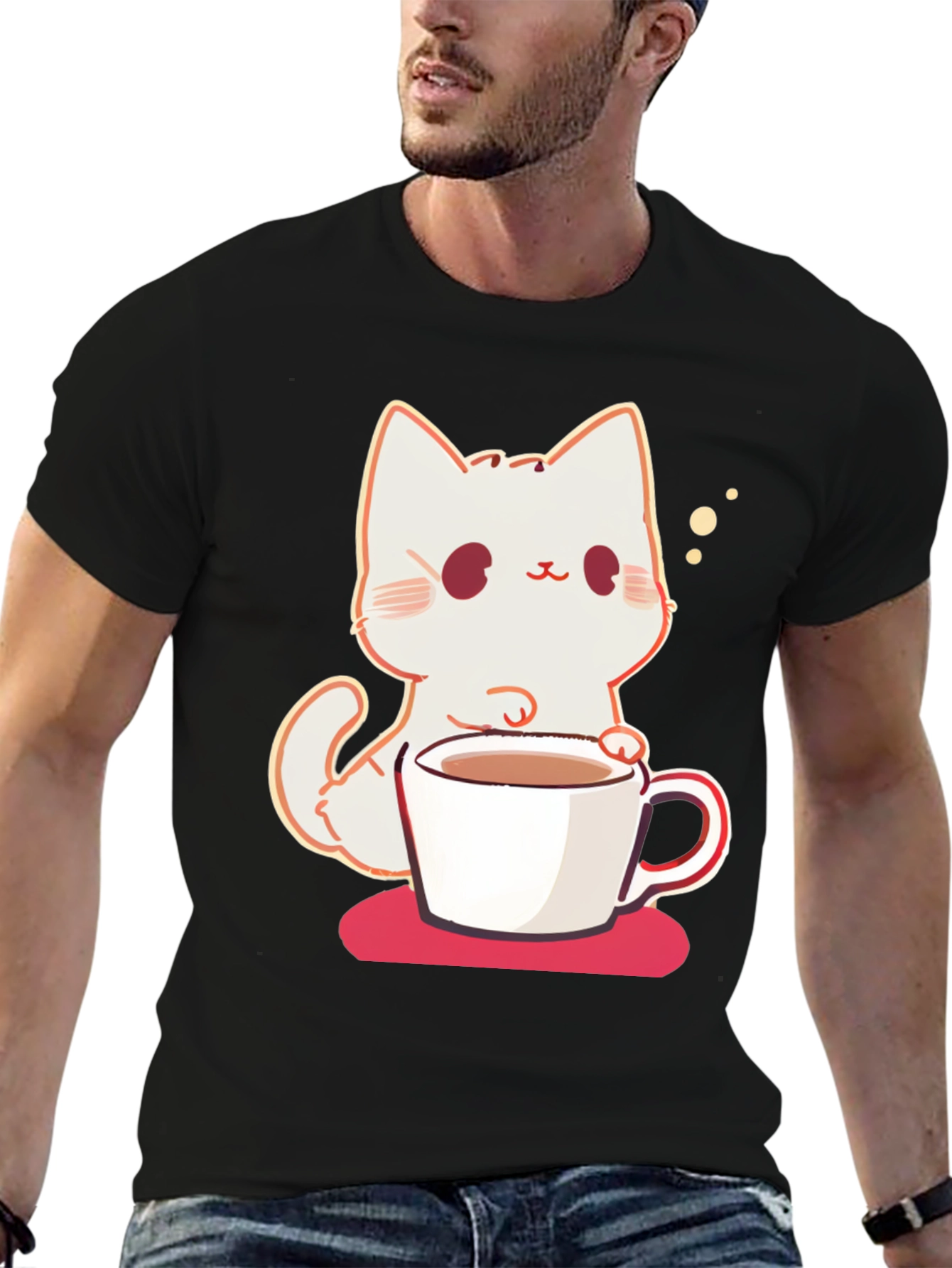 Black Cute Cat with Coffee T-Shirt view 6