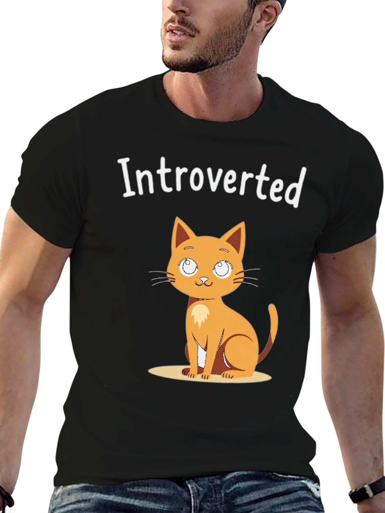 Black Introverted Cat Graphic Tee - Black Cotton T-Shirt view 6