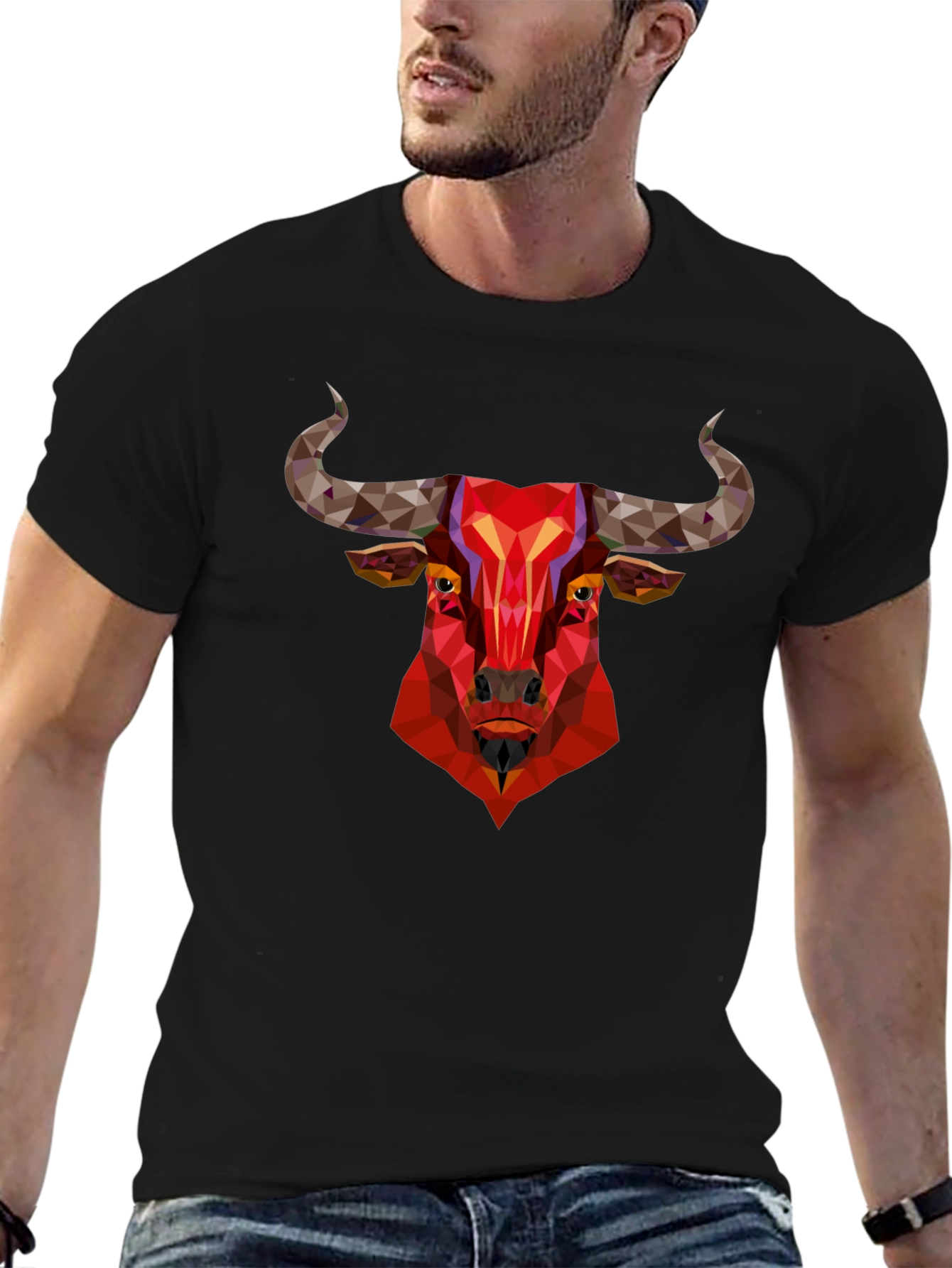 Black Geometric Bull Graphic Tee - Bold Statement Shirt view 6