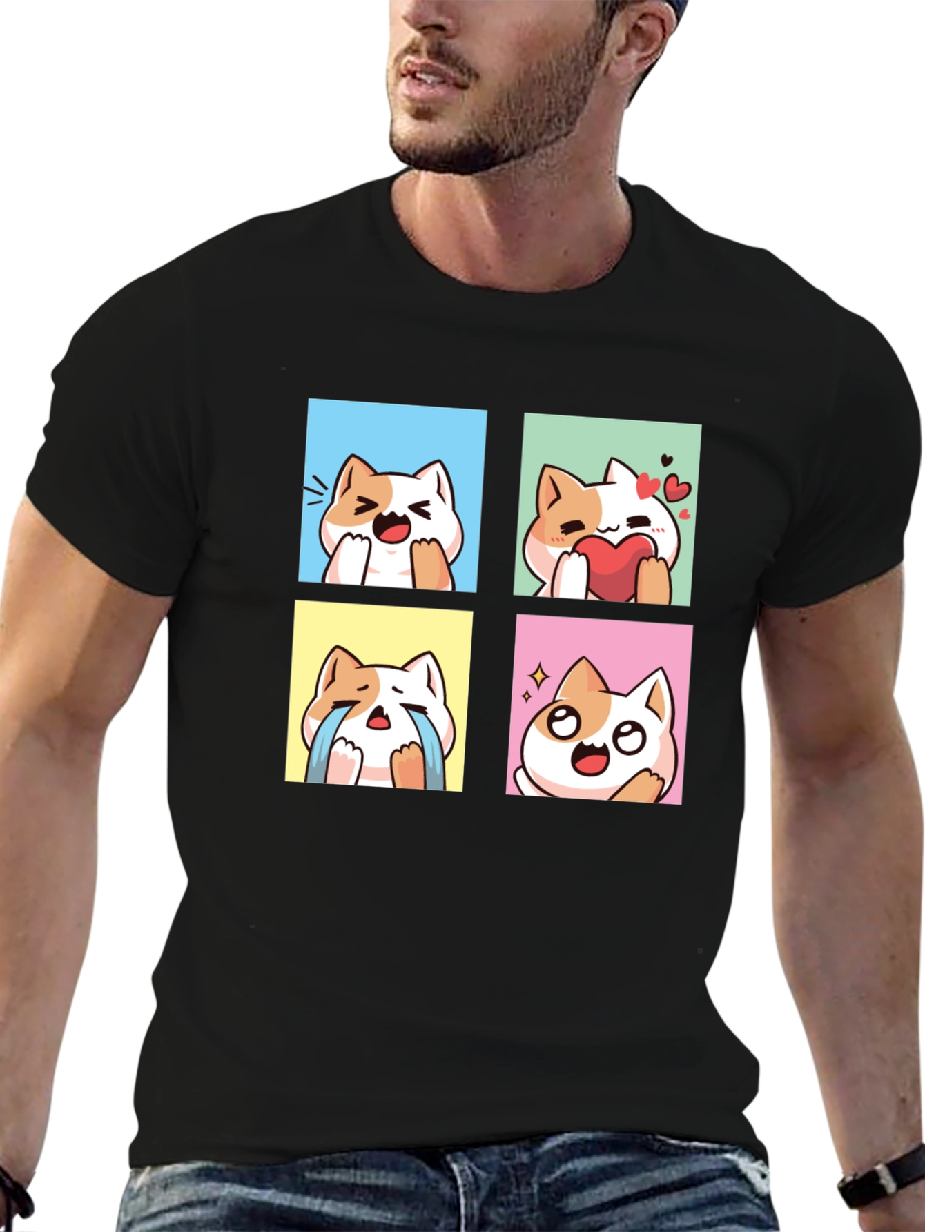 Black Cute Kawaii Cat Emotion T-Shirt view 6