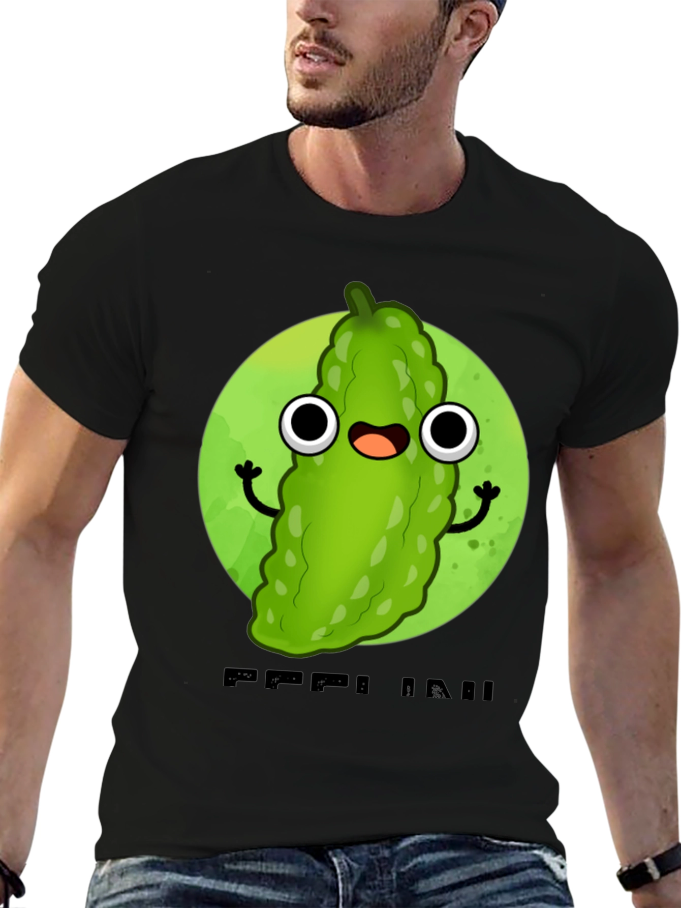Black Funny Pickle Cartoon Black T-Shirt view 6