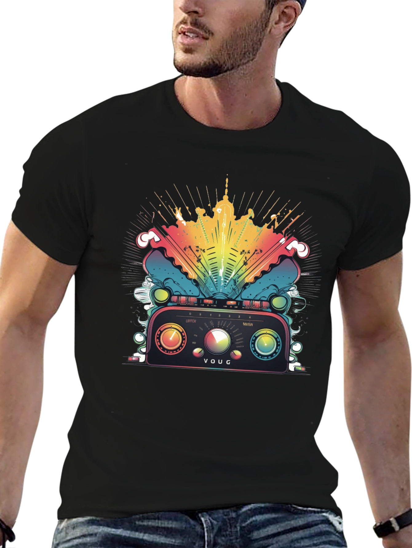 Black Retro Radio T-Shirt - Colorful Graphic Tee view 6