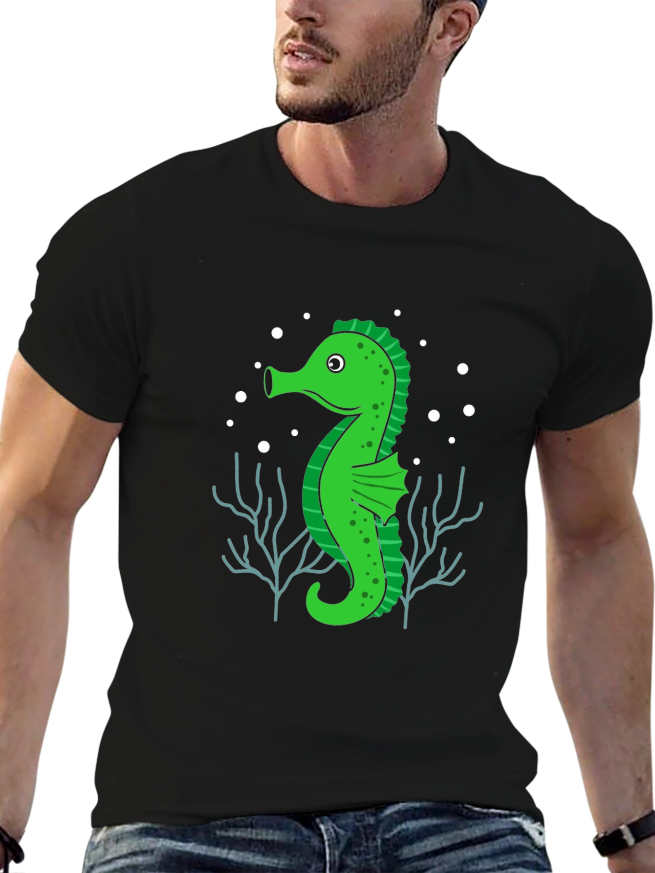 Black Seahorse Graphic Tee - Black Cotton T-Shirt view 6