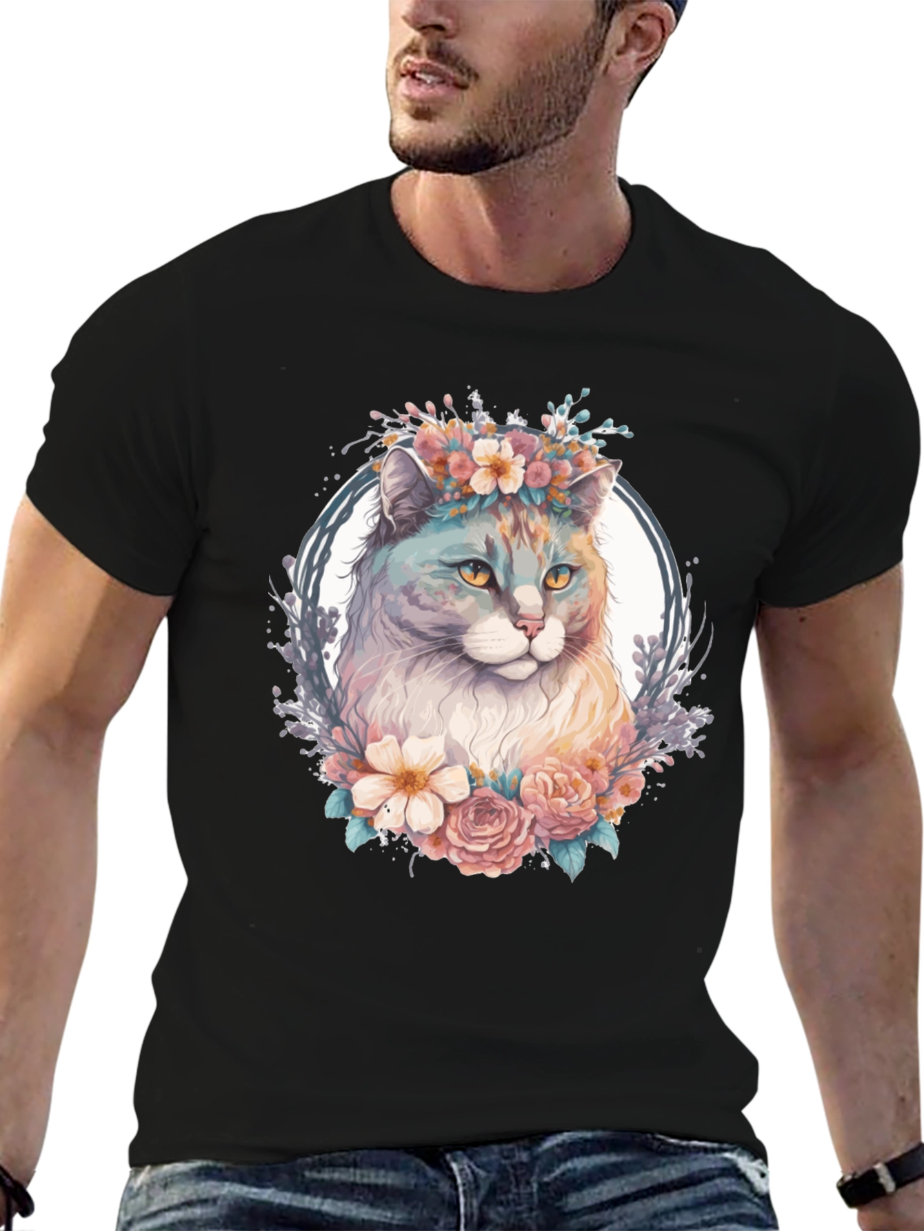 Black Floral Cat Graphic T-Shirt view 6