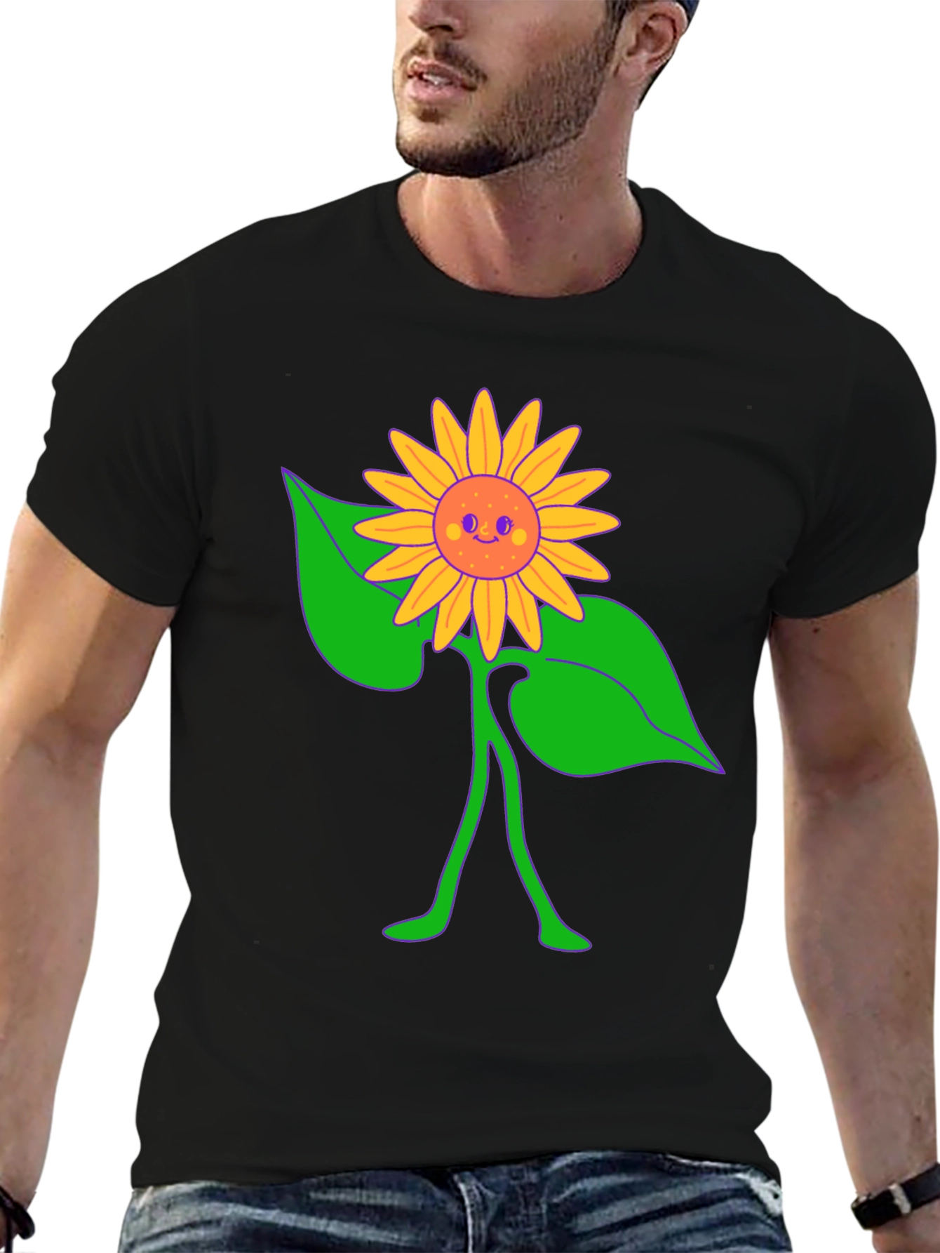 Black Groovy Sunflower Graphic Tee - Black Cotton Comfort view 6