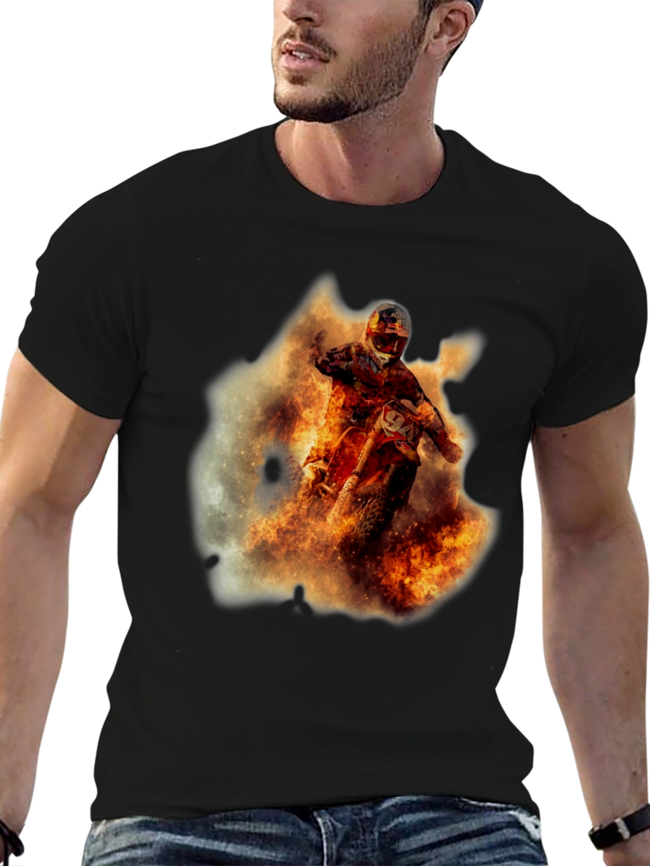 Black Fiery Motocross Rider Graphic Tee view 6