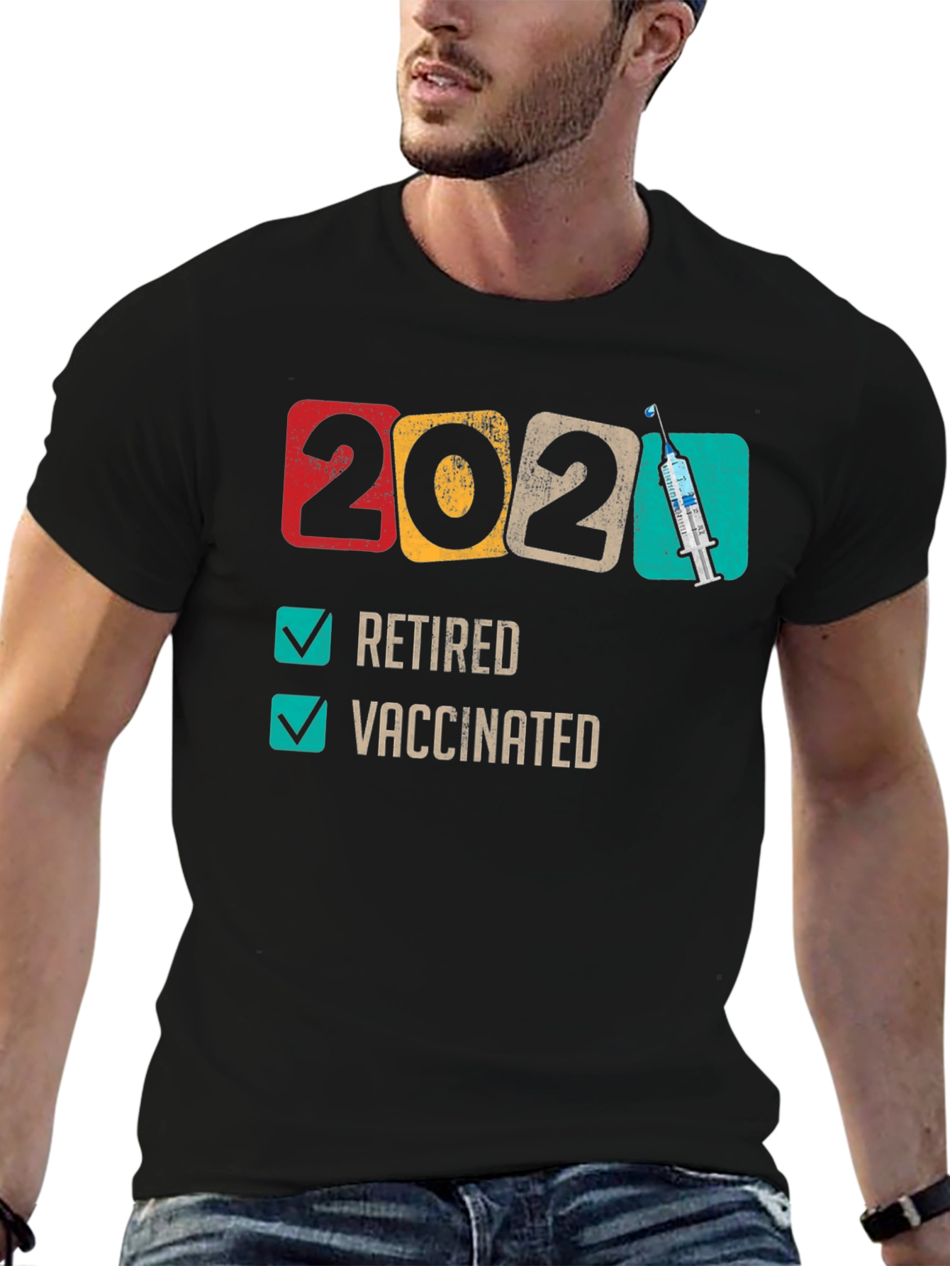Black Retired & Vaccinated 2021 T-Shirt view 6