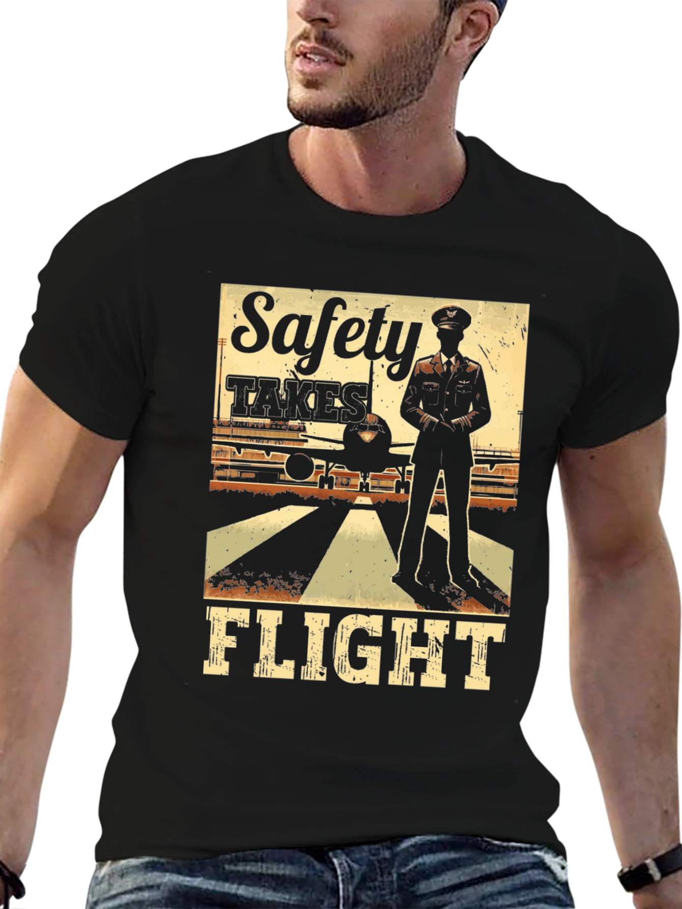 Black Safety Takes Flight T-Shirt Pilot Aviation Airplane Tee view 6