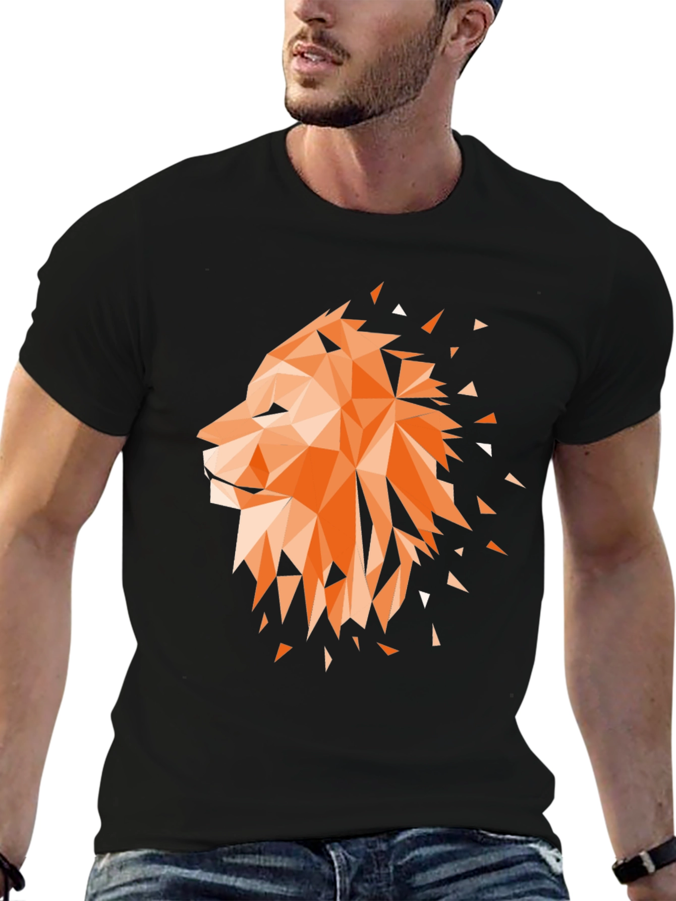 Black Geometric Lion Graphic Tee - Stylish Men's Black T-Shirt view 6