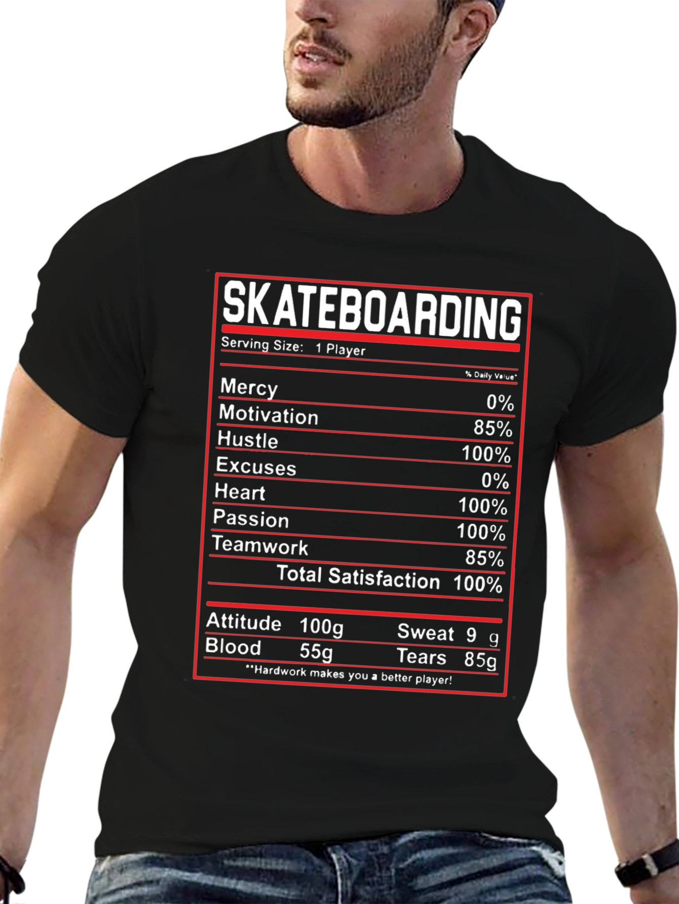Black Skateboarding Nutrition Facts T-Shirt view 6