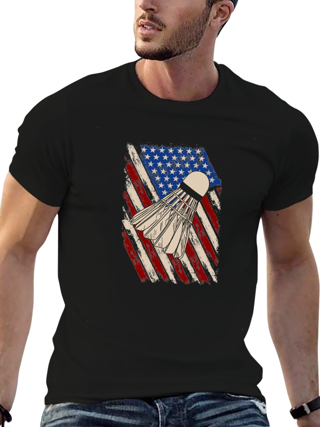Black Patriotic Badminton T-Shirt - USA Flag Shuttlecock Design view 6