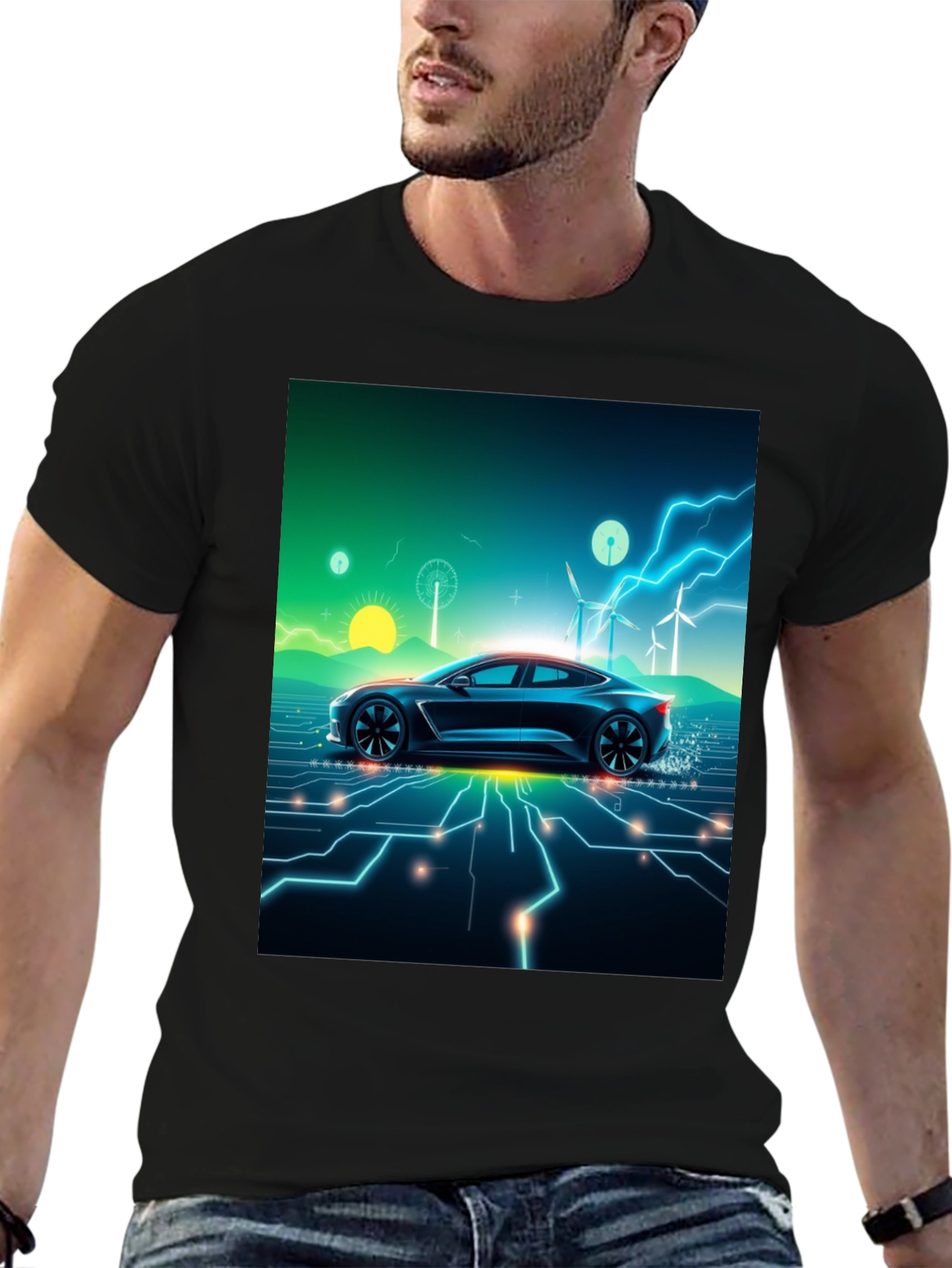 Black Electric Car T-Shirt - Futuristic Style view 6