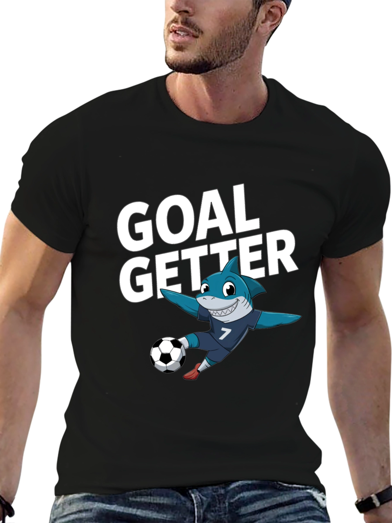 Black Goal Getter Shark Soccer T-Shirt view 6