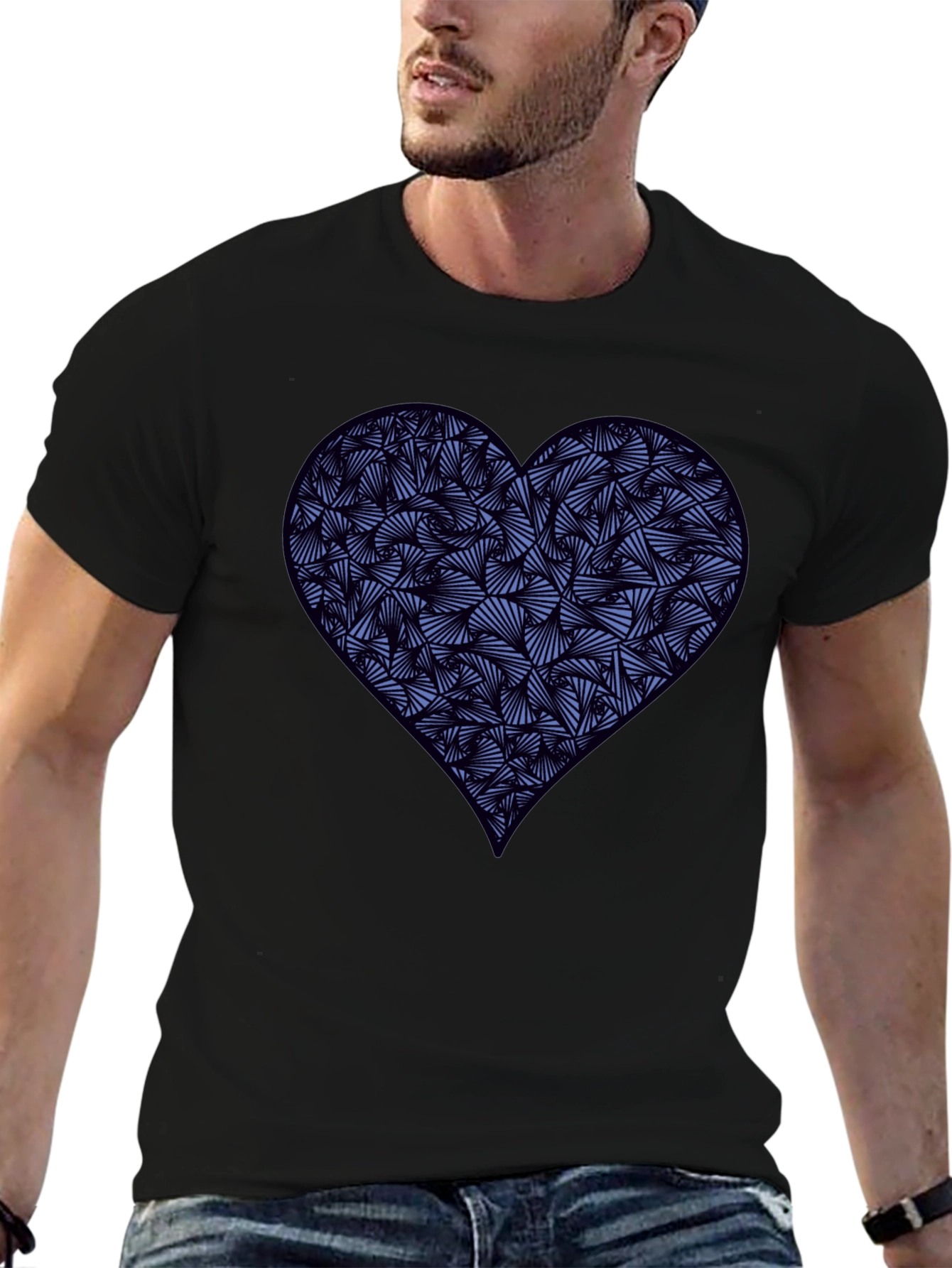Black Heart Print Men's Black T-Shirt view 6