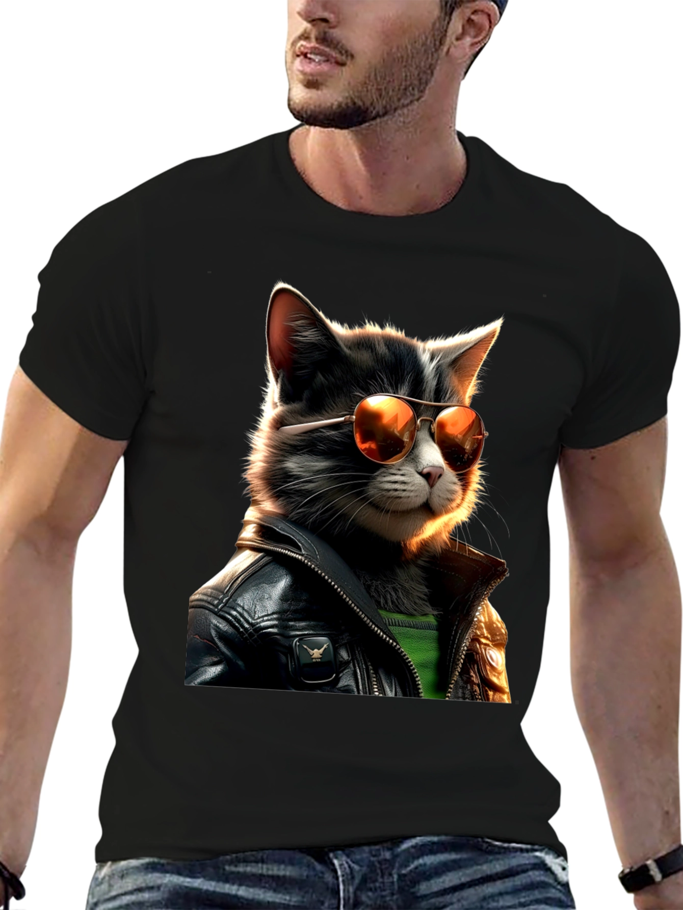 Black Cool Cat in Leather T-Shirt view 6
