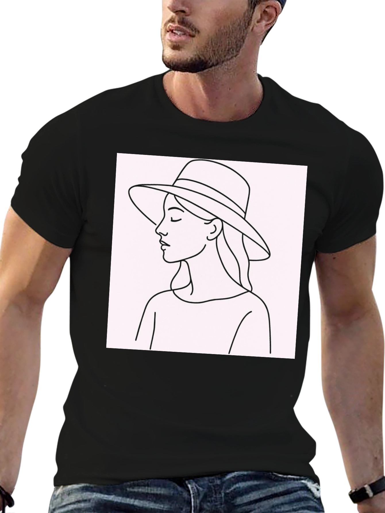 Black Minimalist Woman in Hat T-Shirt - Stylish Black Tee view 6