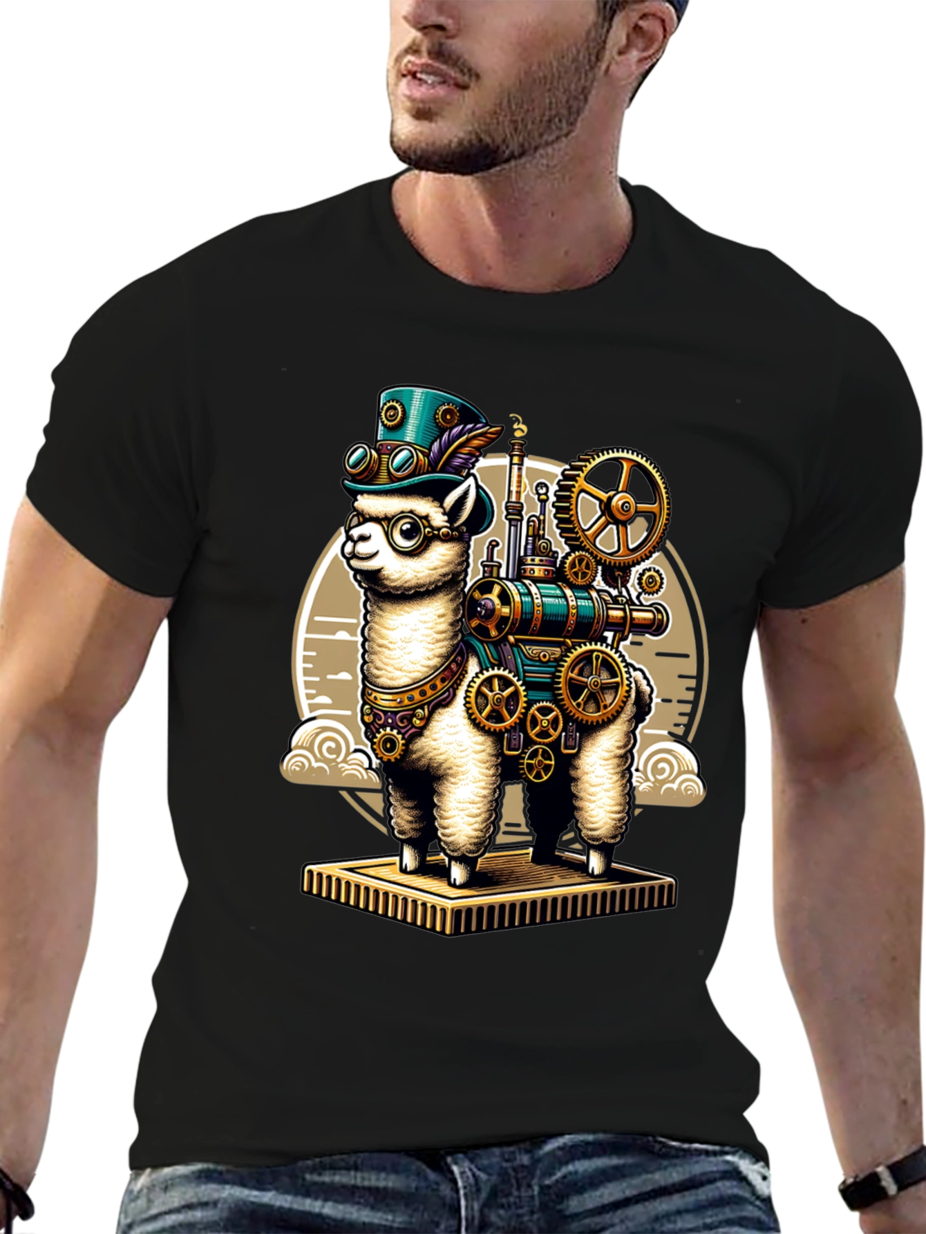 Black Steampunk Llama T-Shirt: Gear Up Your Style! view 6