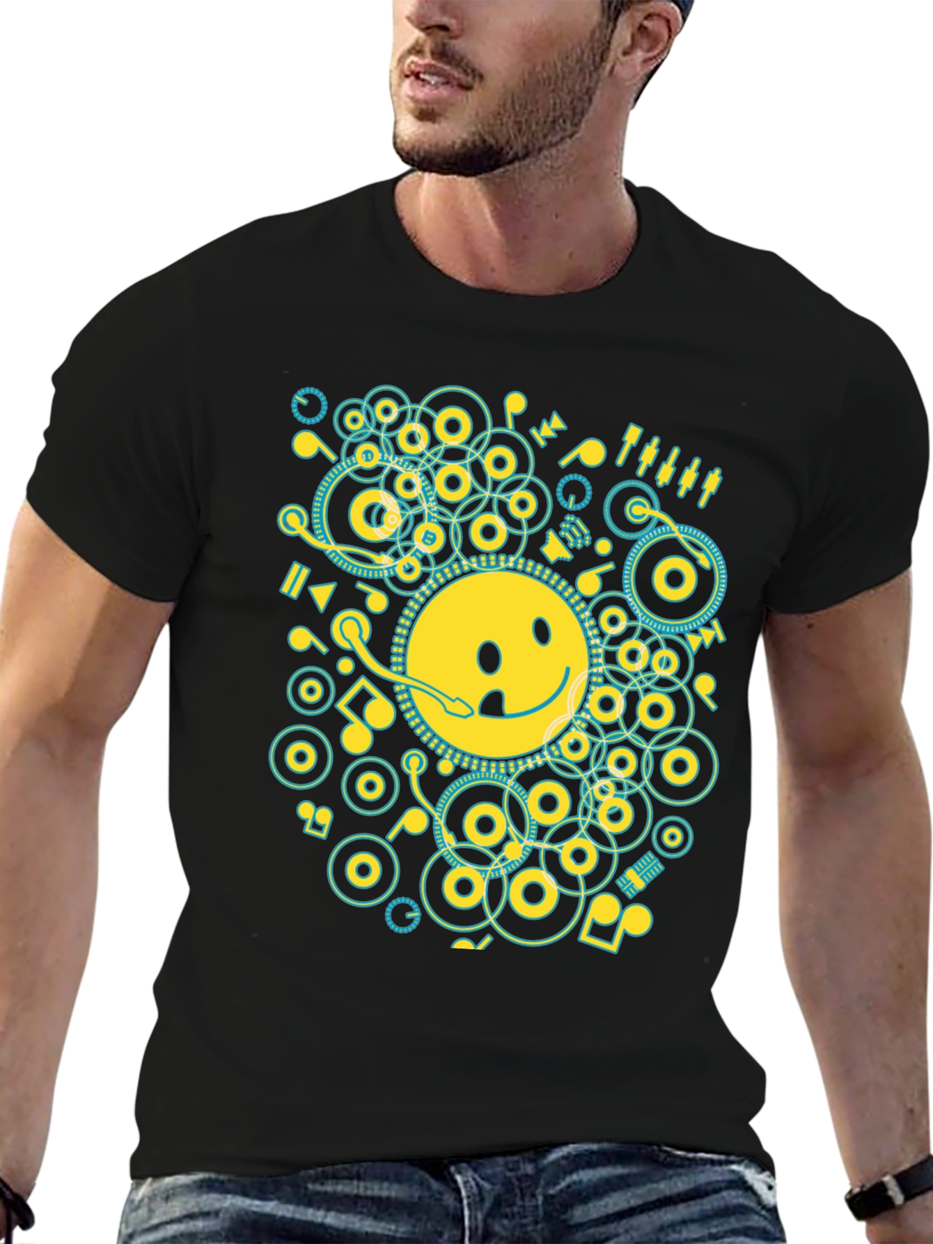 Black Smiley Face Music Graphic T-Shirt - Casual Black Tee view 6