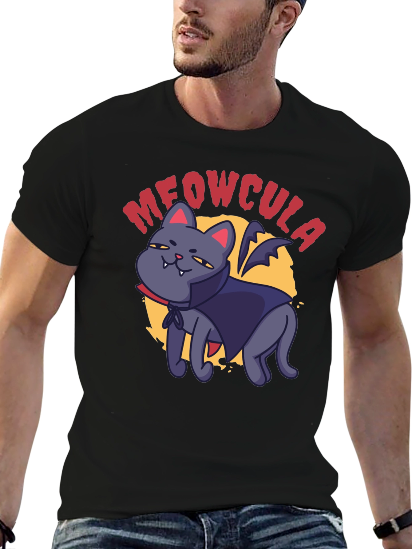 Black Meowcula Vampire Cat Graphic T-Shirt view 6