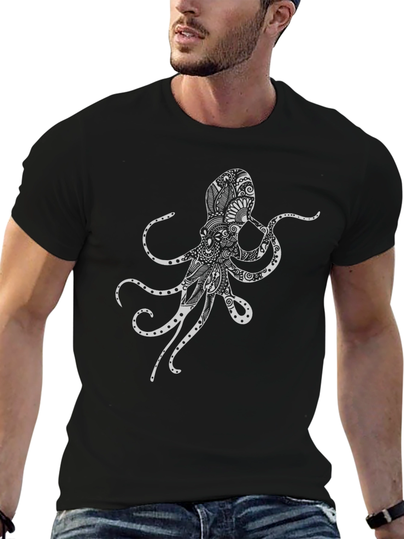 Black Octopus Art Graphic Black T-Shirt view 6