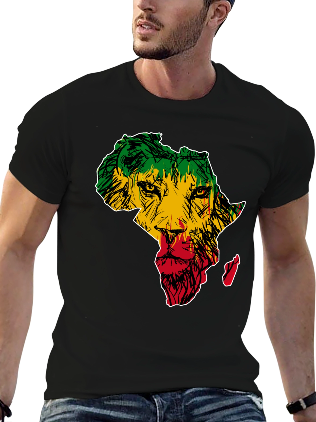 Black Africa Lion Print T-Shirt - Men's Black Tee view 6