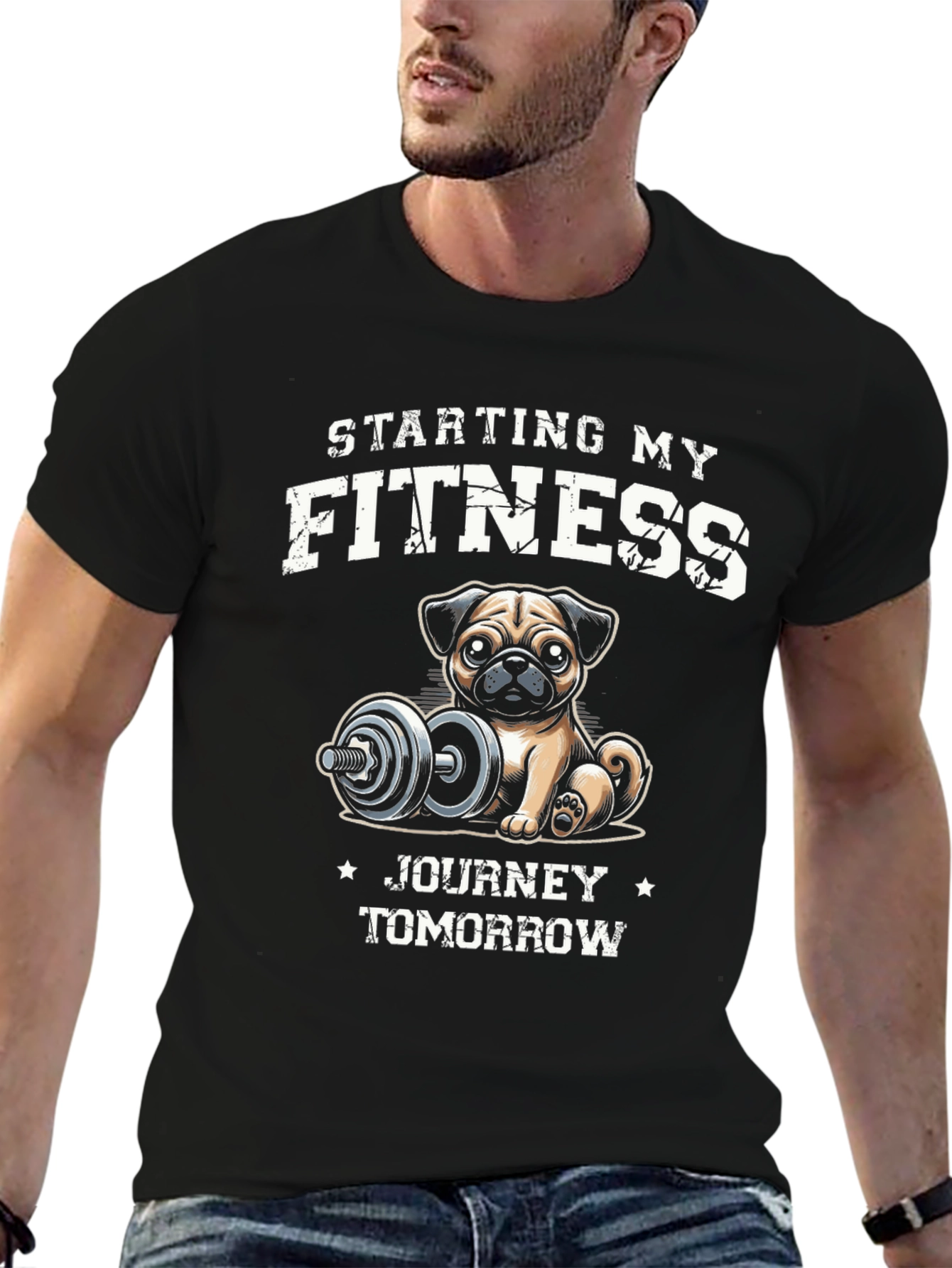 Black Funny Pug Fitness T-Shirt: Starting My Journey Tomorrow view 6