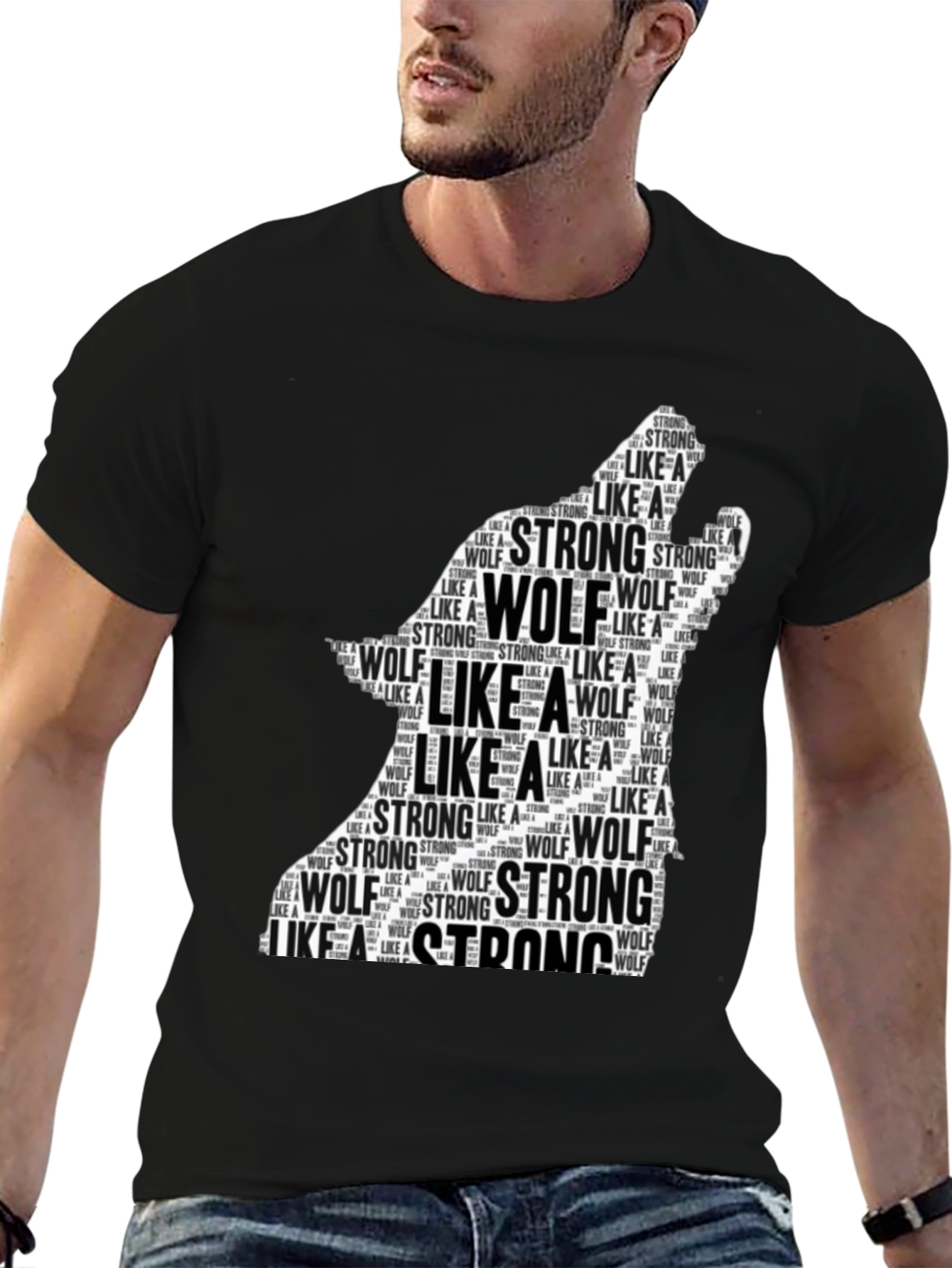 Black Wolf Silhouette Word Art T-Shirt - Strong Like a Wolf Tee view 6