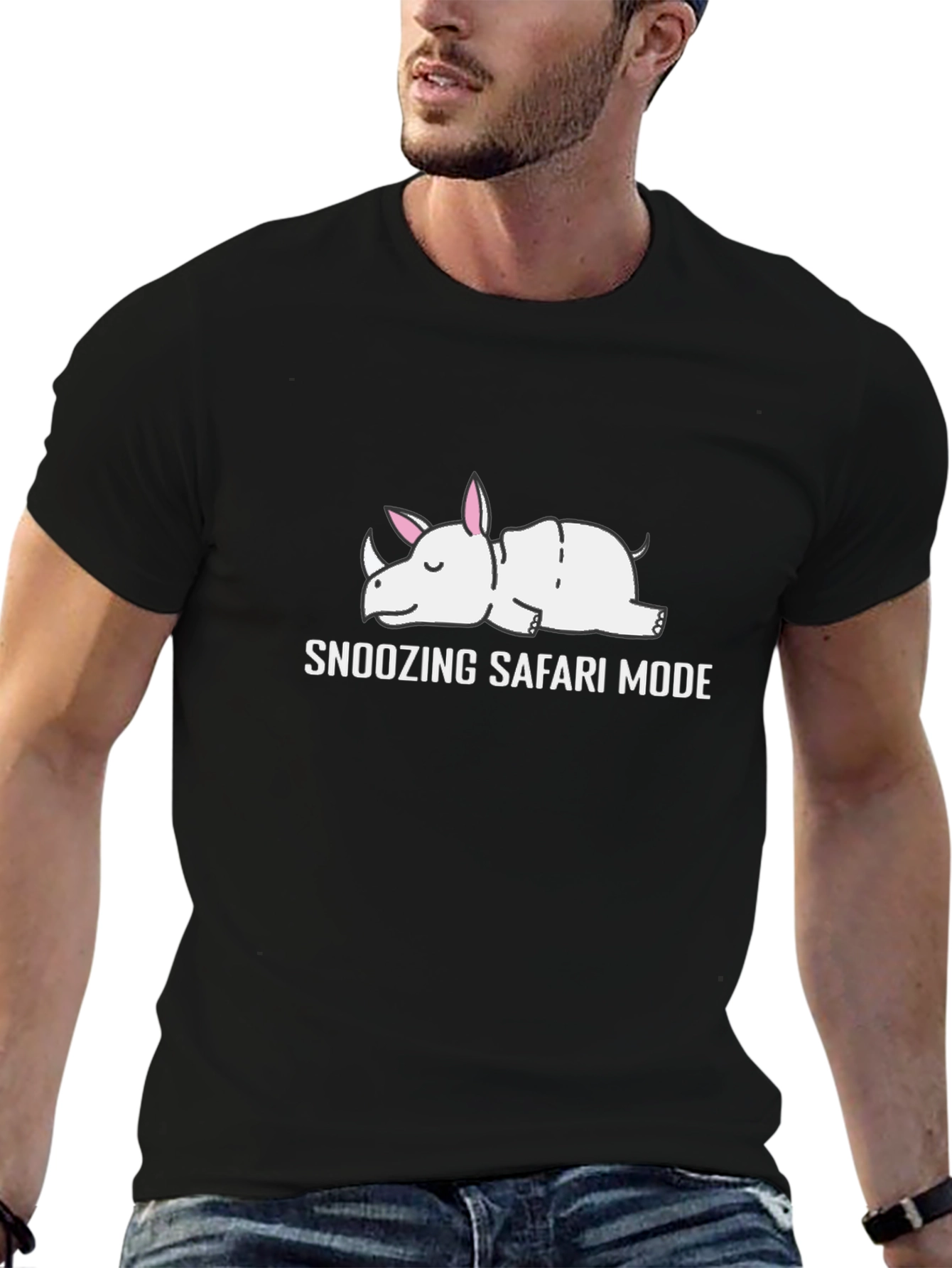 Black Snoozing Safari Mode Rhino Graphic T-Shirt view 6